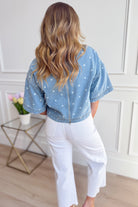PEACH LOVE Grace polka dot denim top from the 110 Dressy Tops collection, featuring a stylish polka dot pattern and denim fabric.