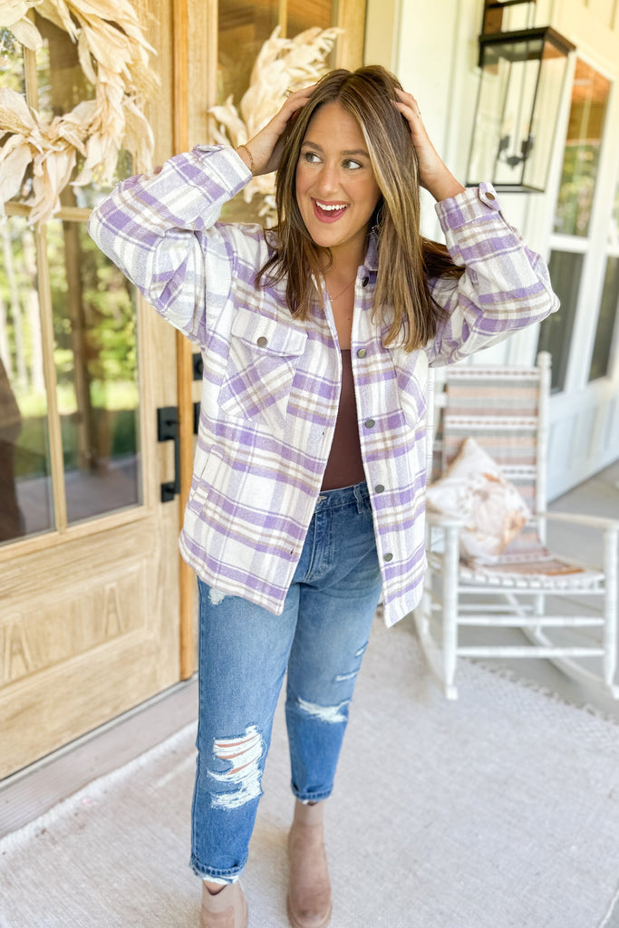 Carson Brushed Plaid Flap Pocket Shacket Top - Be You Boutique