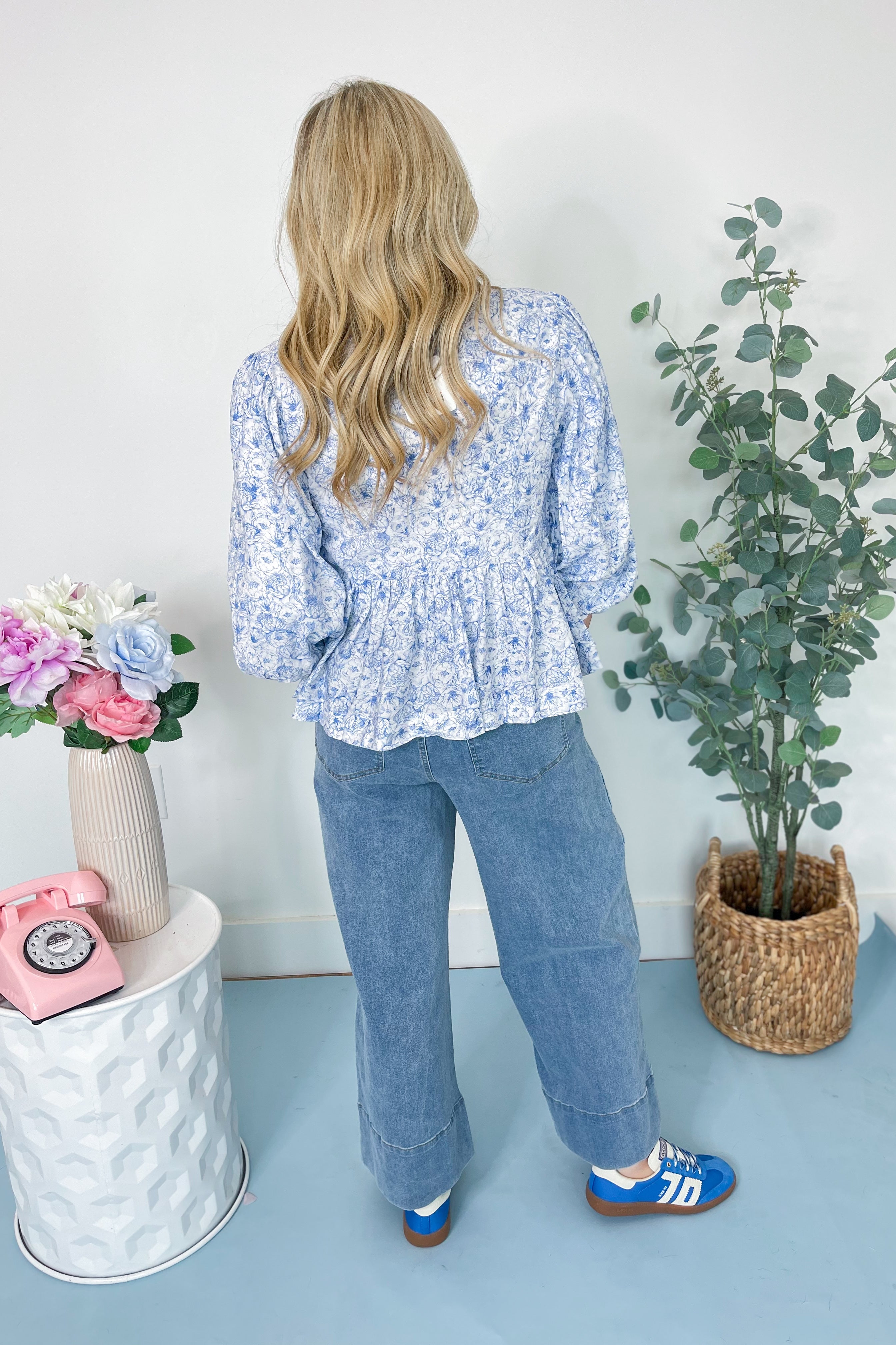 Azure Water Paint Floral Blouse - Be You Boutique