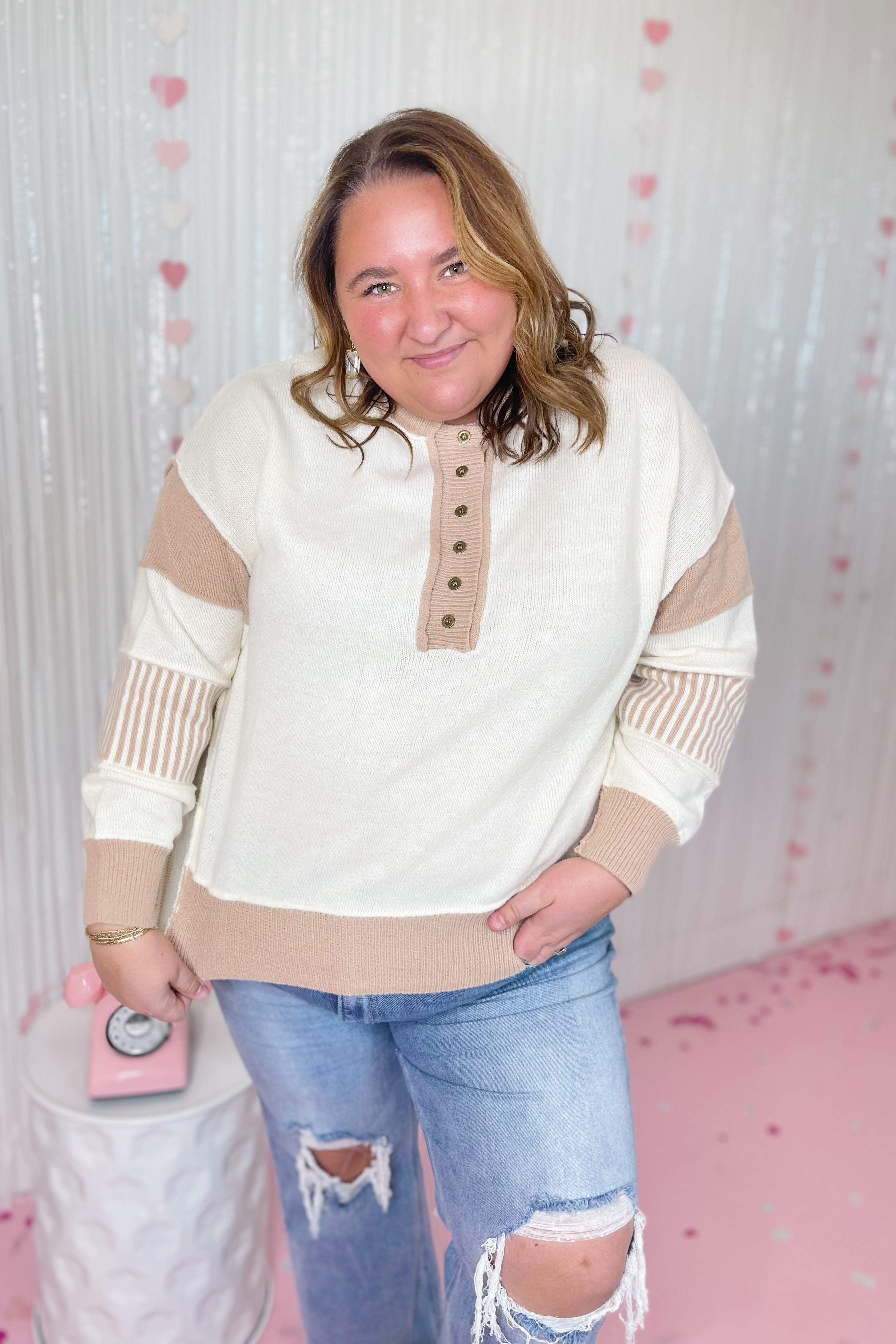 Morgan Color Contrast Oversized Placket Sweater - Be You Boutique