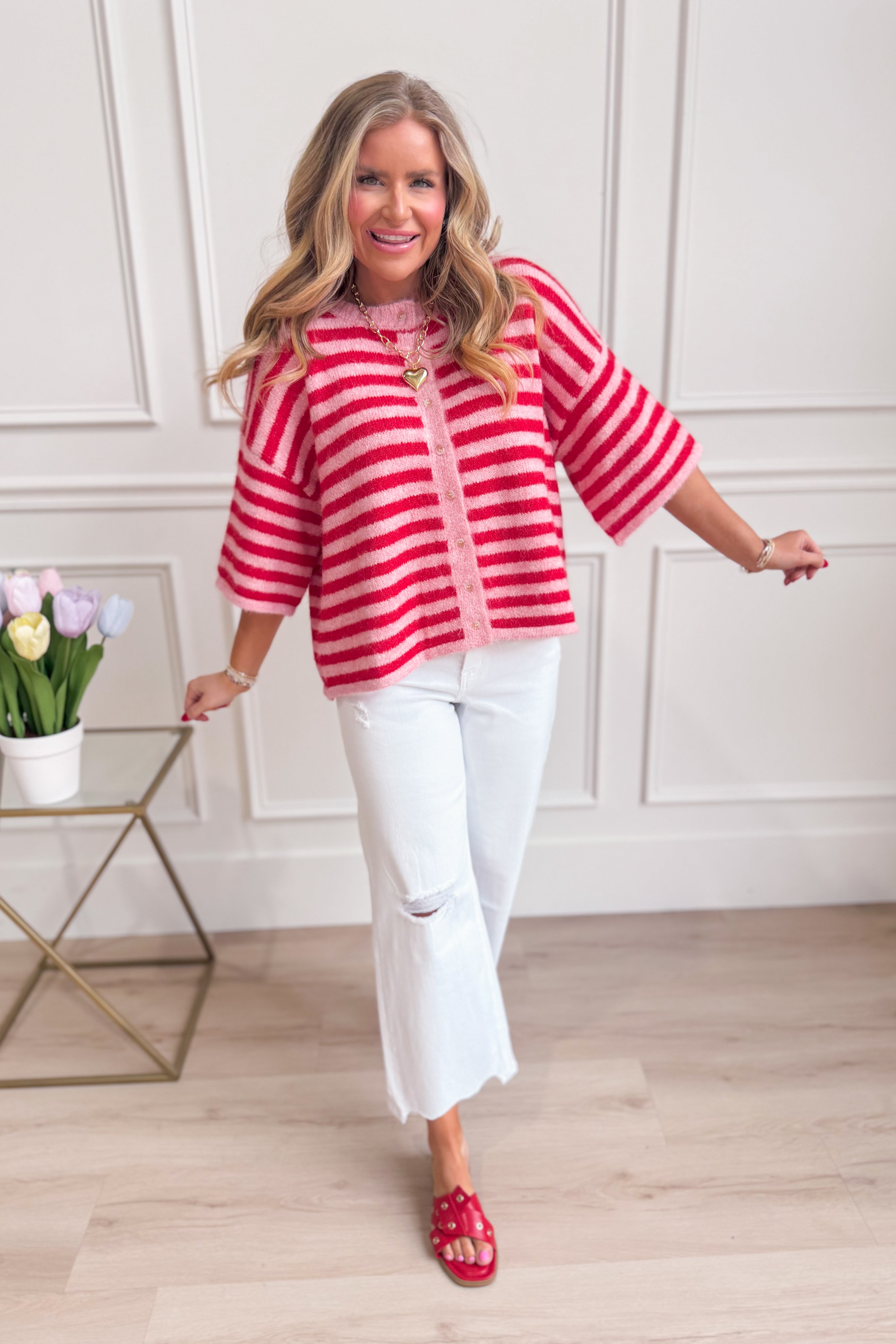 Pink striped button-down cardigan top from BAEVELY, featuring a classic design and lightweight spring sweater style.
