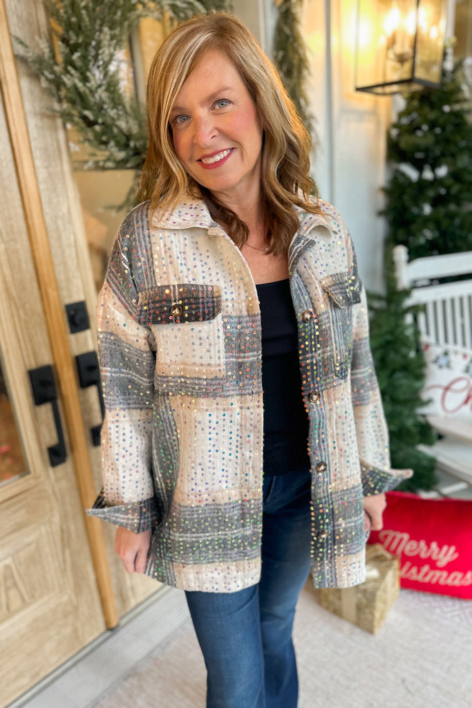 Mika Mocha Sequin Plaid Showstopper Shacket Jacket - Be You Boutique