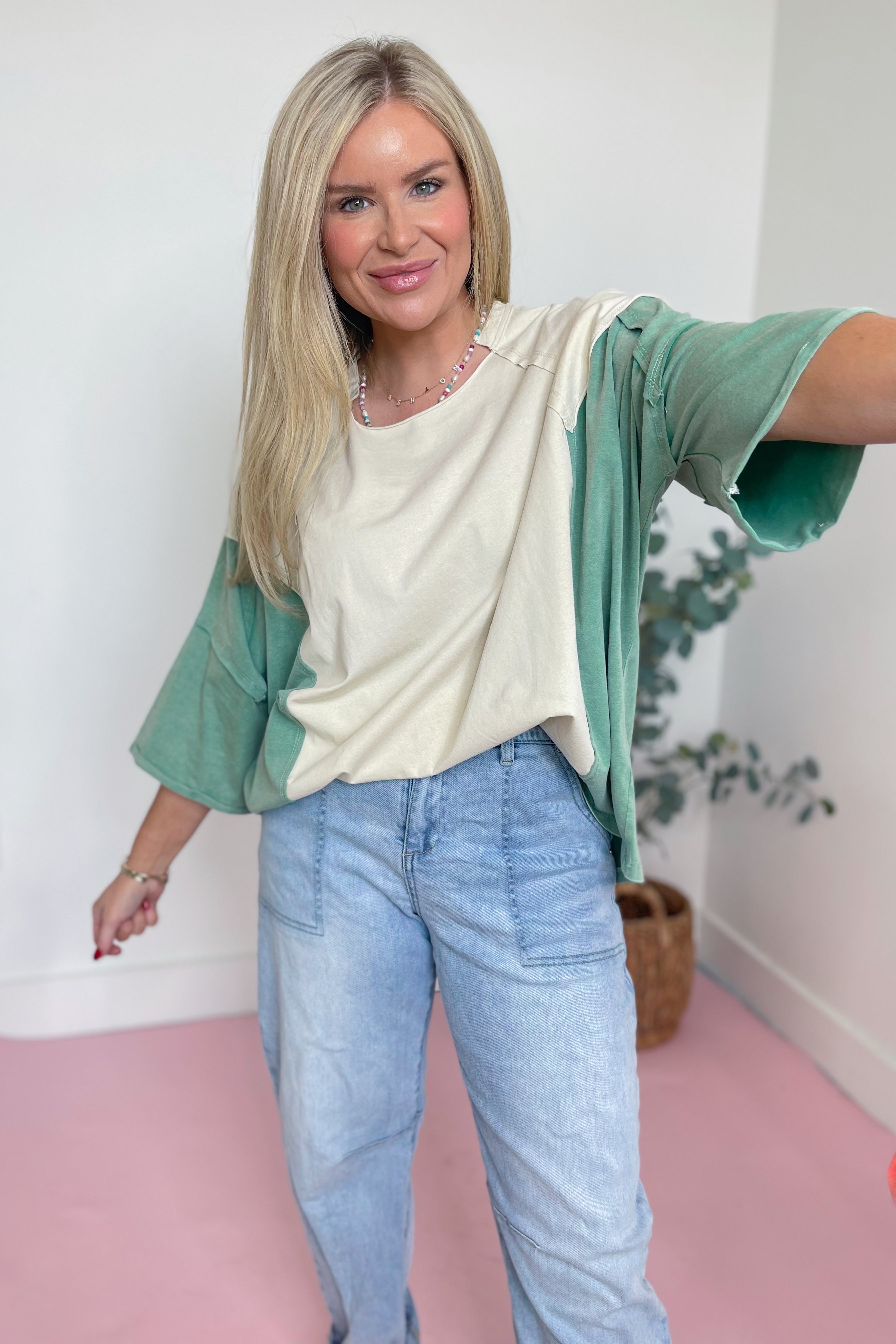 Jones Color Block Mineral Washed Knit Top - Be You Boutique