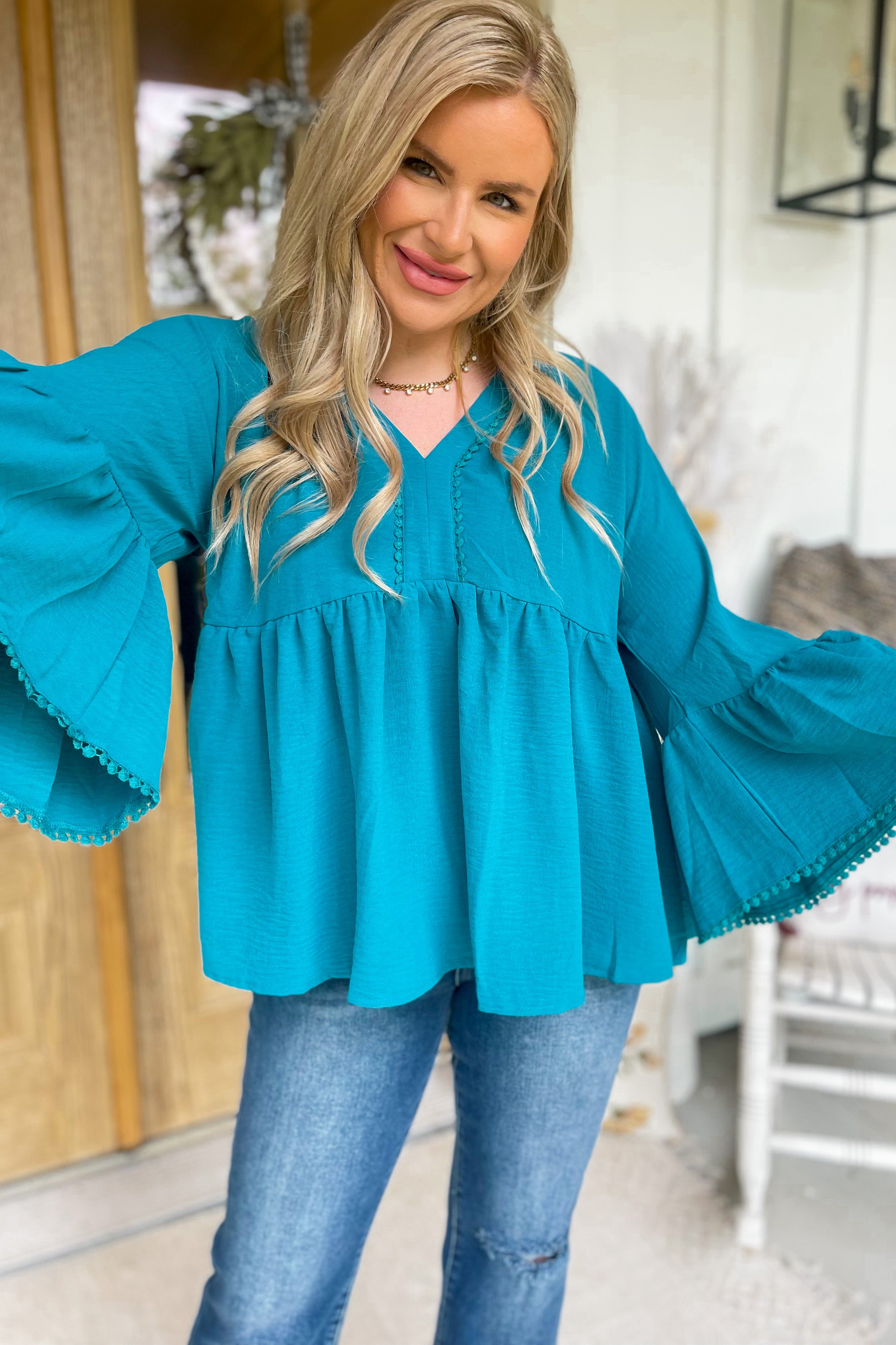 Tiana V Neckl Long Bell Sleeve Blouse Top - Be You Boutique