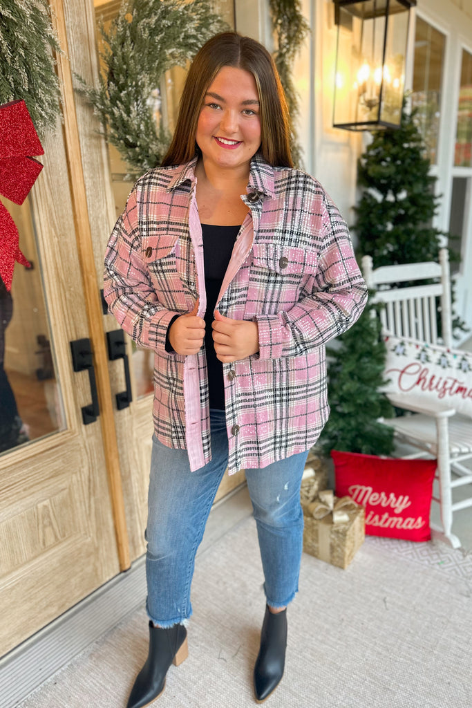 Jerry Long Sleeve Pink Plaid Sequin Shirt Jacket - Be You Boutique
