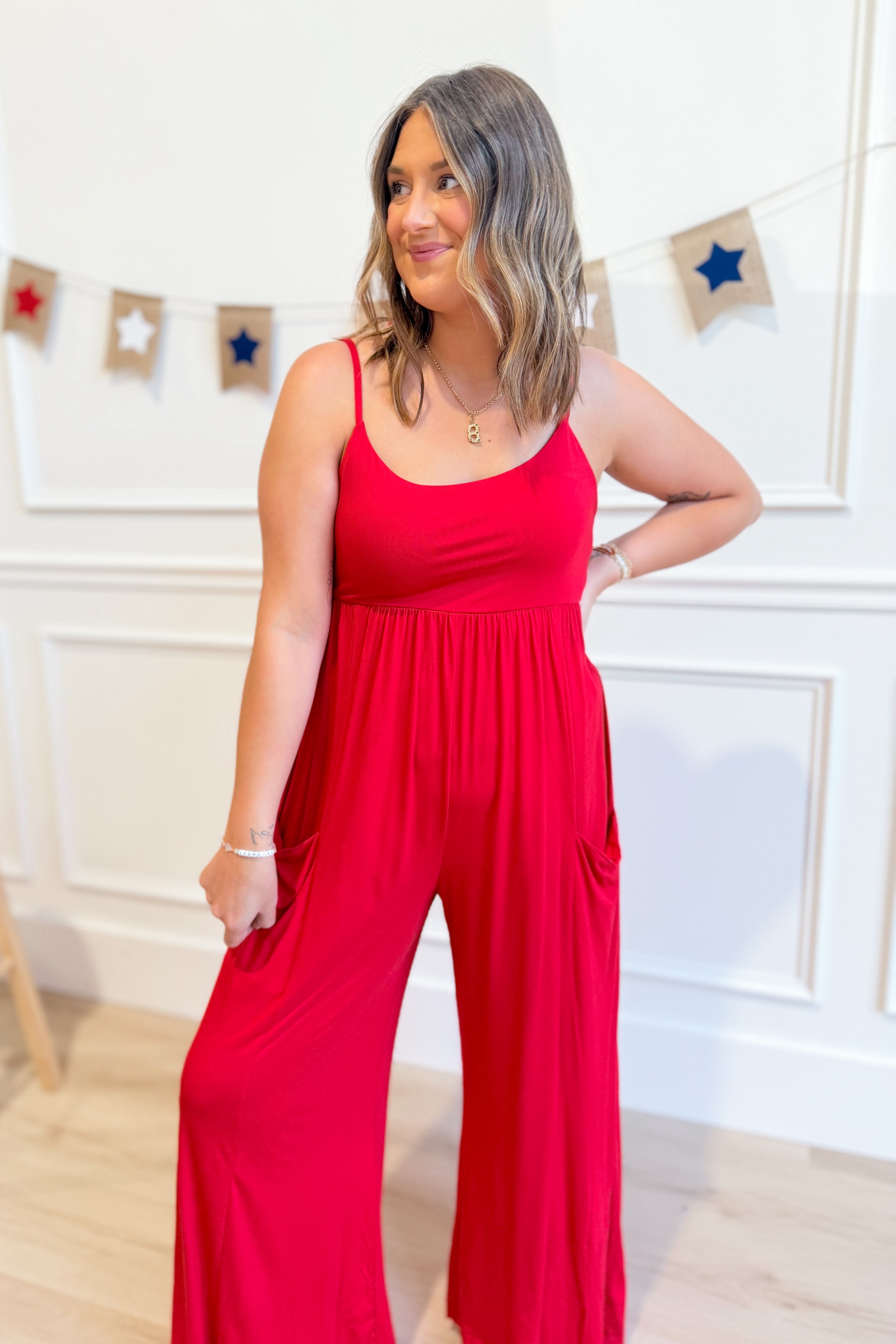 Raé Mode Linny casual sleeveless wide-leg jumpsuit from 153 Rompers collection, shown in a relaxed fit with a stylish silhouette.