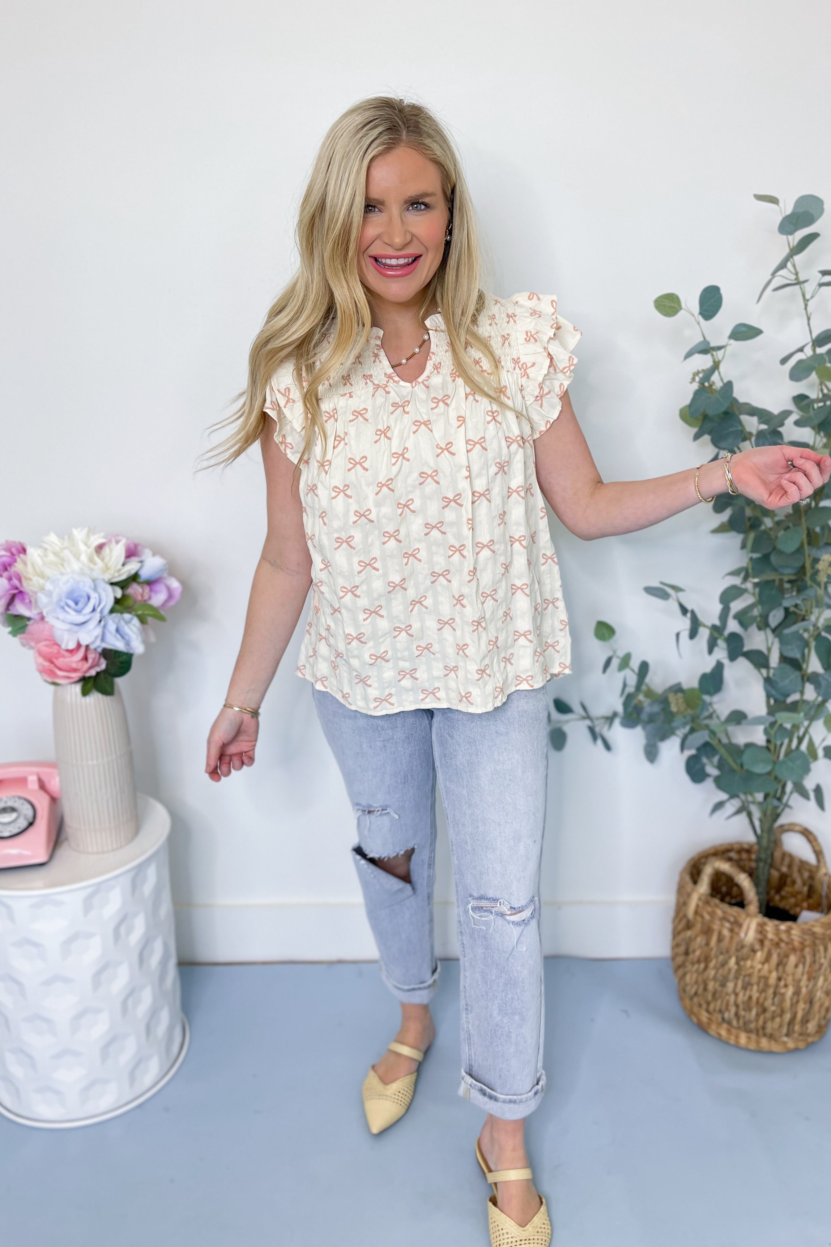 Josie Ribbon Printed Ruffle Sleeve Top - Be You Boutique