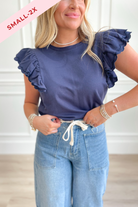 Lacy French Terry Ruffle Sleeve Top - Navy - Be You Boutique