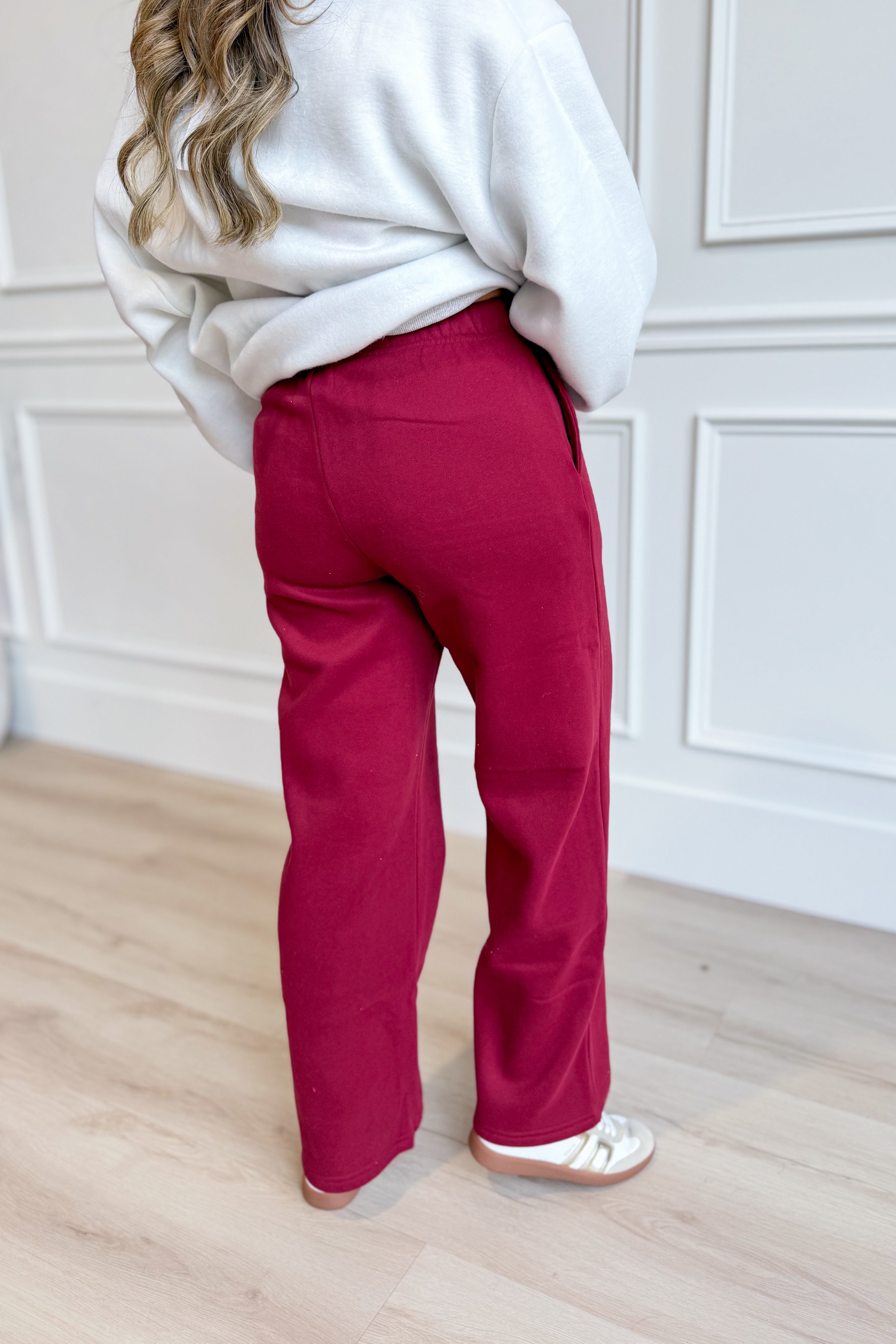 Conrad Dark Cherry Sweat Pant by BUCKET LIST, 156 pants style, showing the relaxed fit with dark cherry color and comfortable fabric.