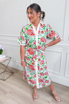 ENTRO Kristy floral printed short sleeve dress featuring a vibrant, colorful floral pattern and a classic, elegant fit.