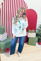 Mary Square Lakelyn sequin blue trees pullover graphic sweatshirt with festive tree design
