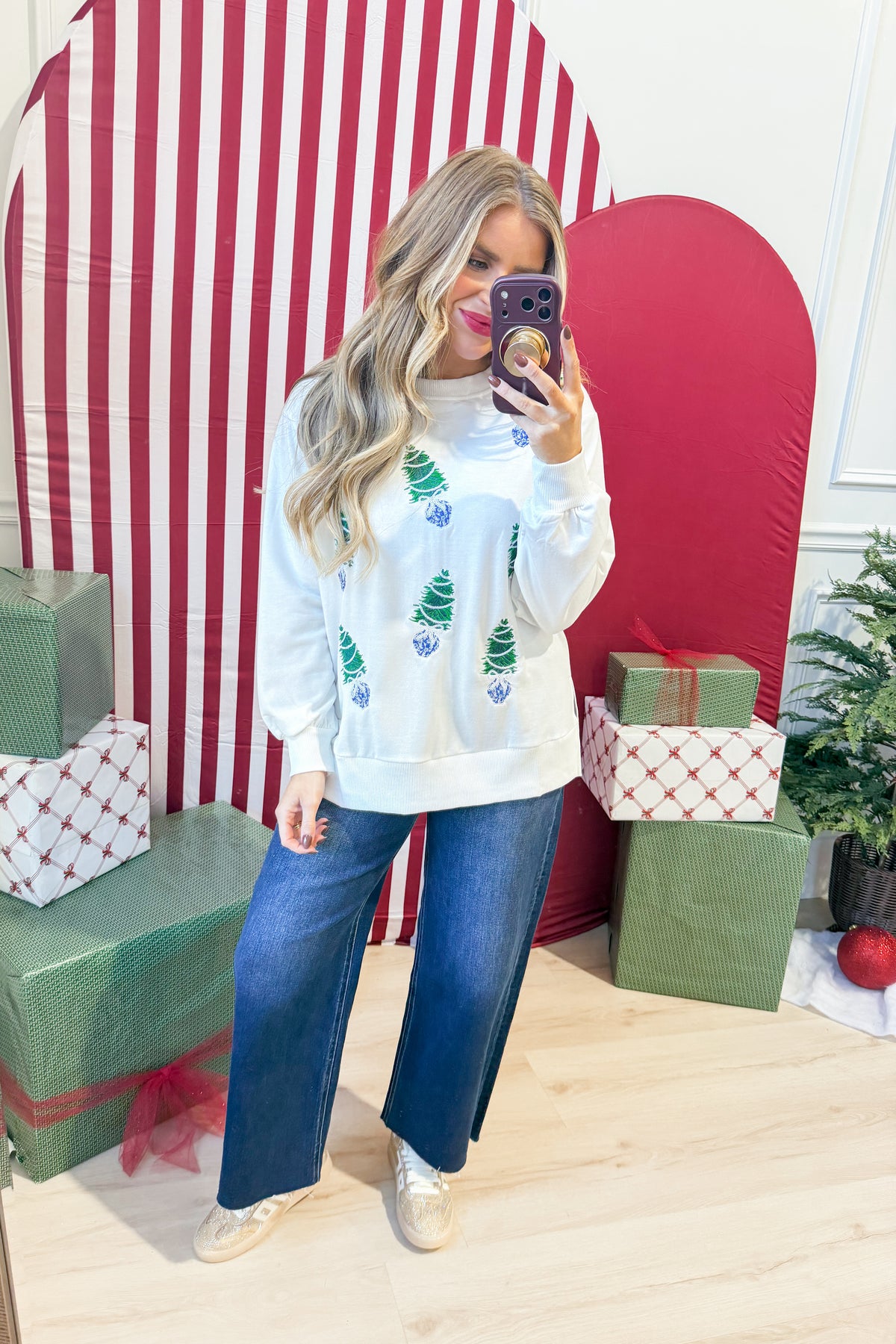 Mary Square Lakelyn sequin blue trees pullover graphic sweatshirt with festive tree design