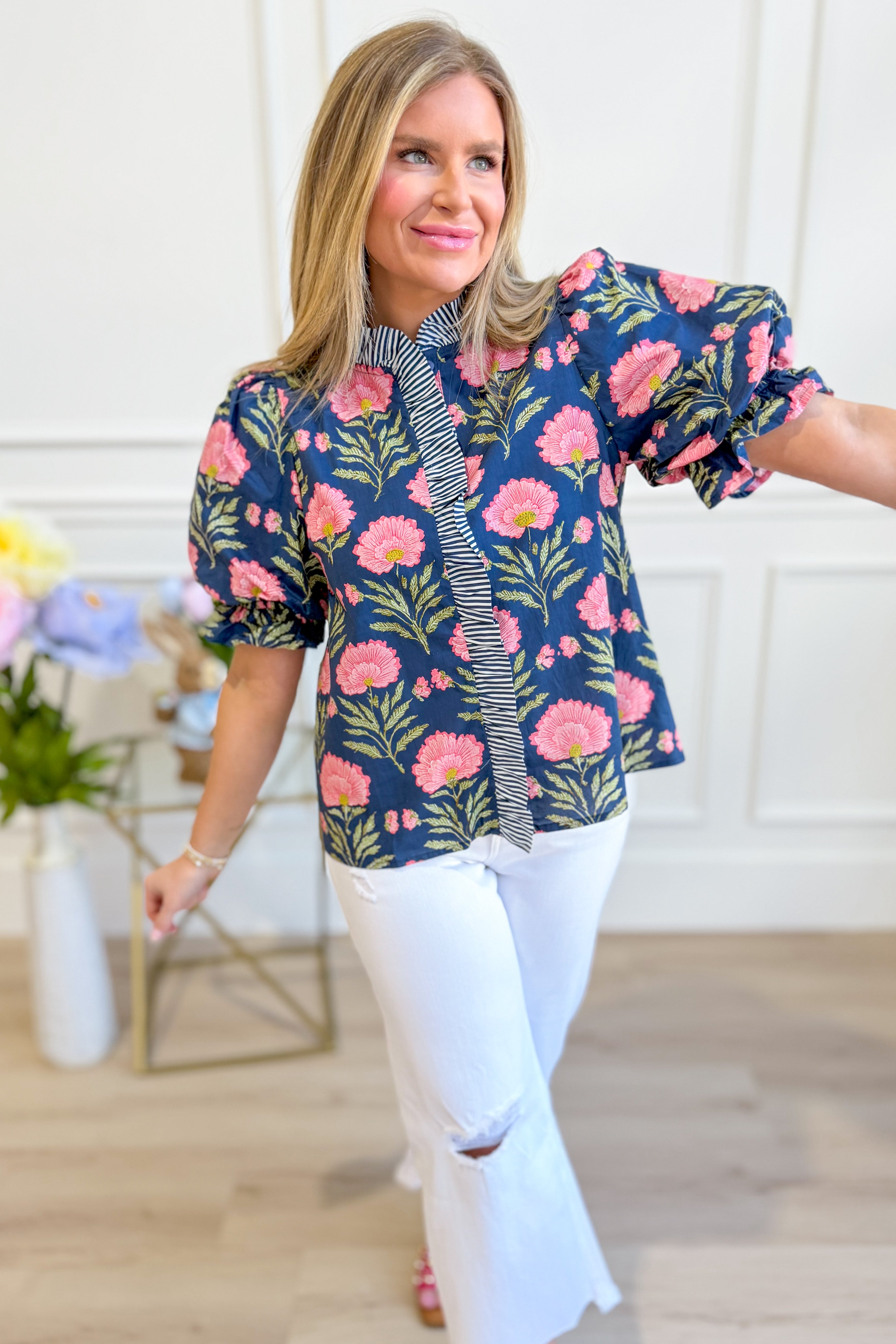 Janie Floral Contrasted Printed Top - Be You Boutique