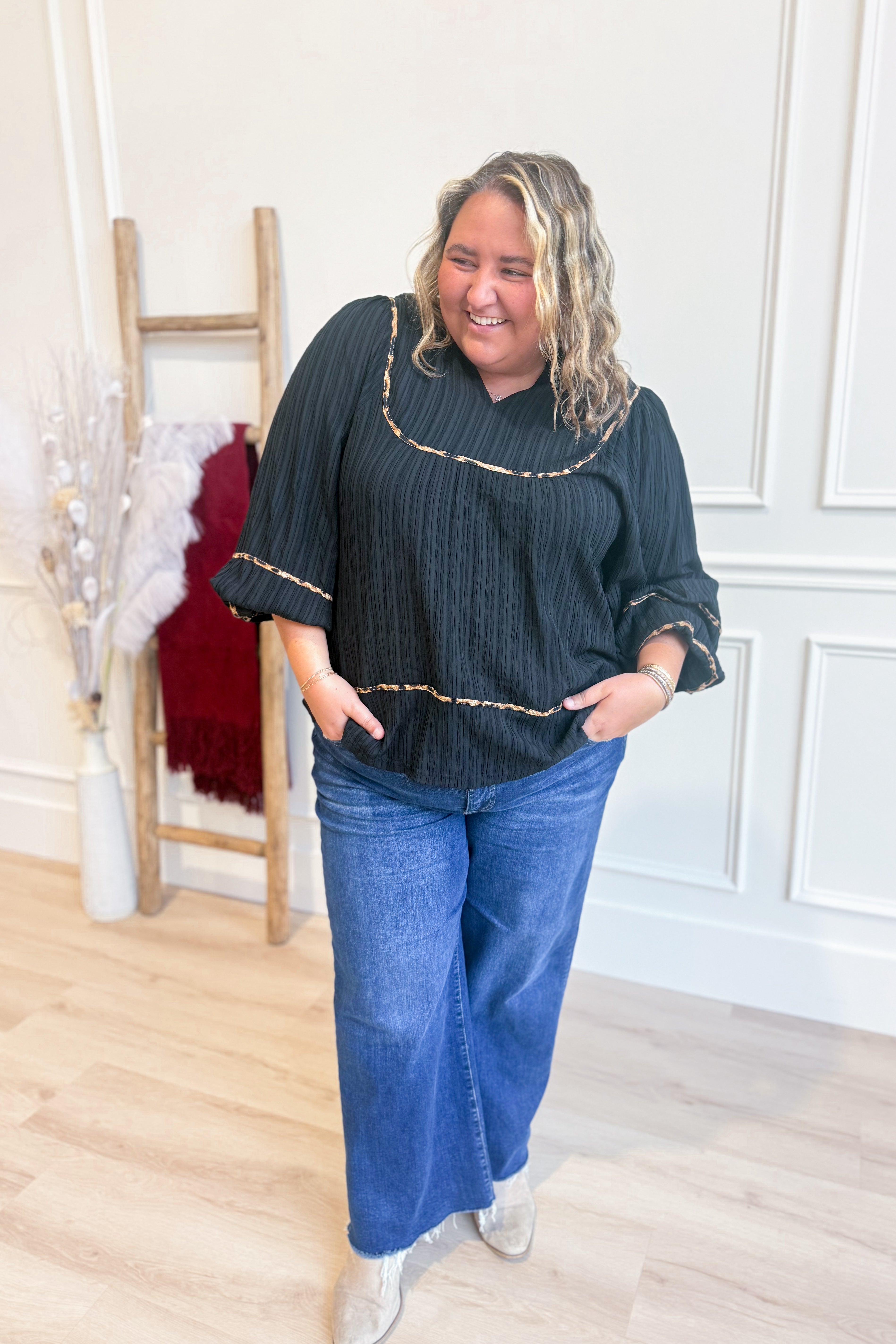 Stacie Leopard Trim Blouse Top - Be You Boutique