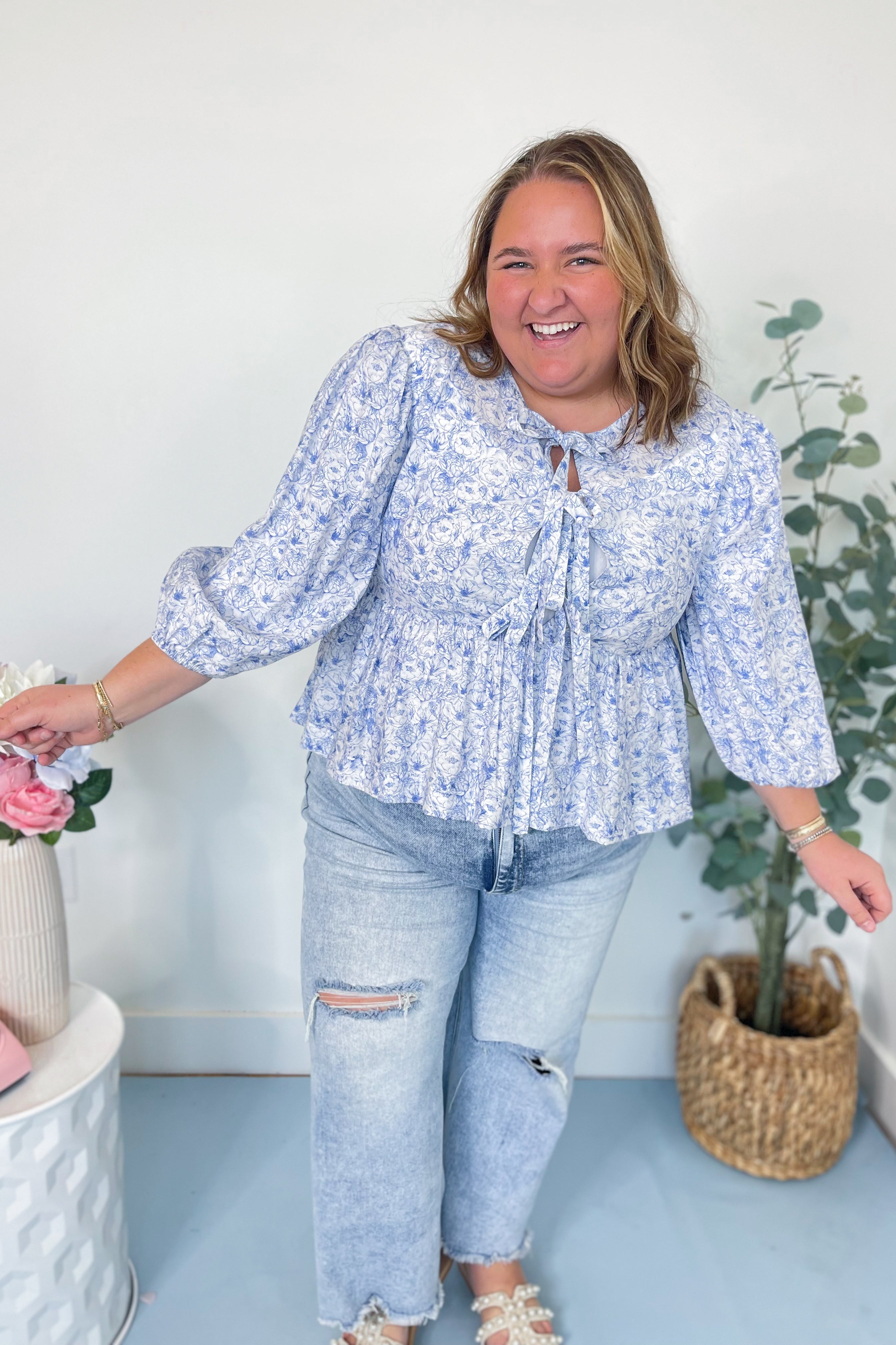 Azure Water Paint Floral Blouse - Be You Boutique