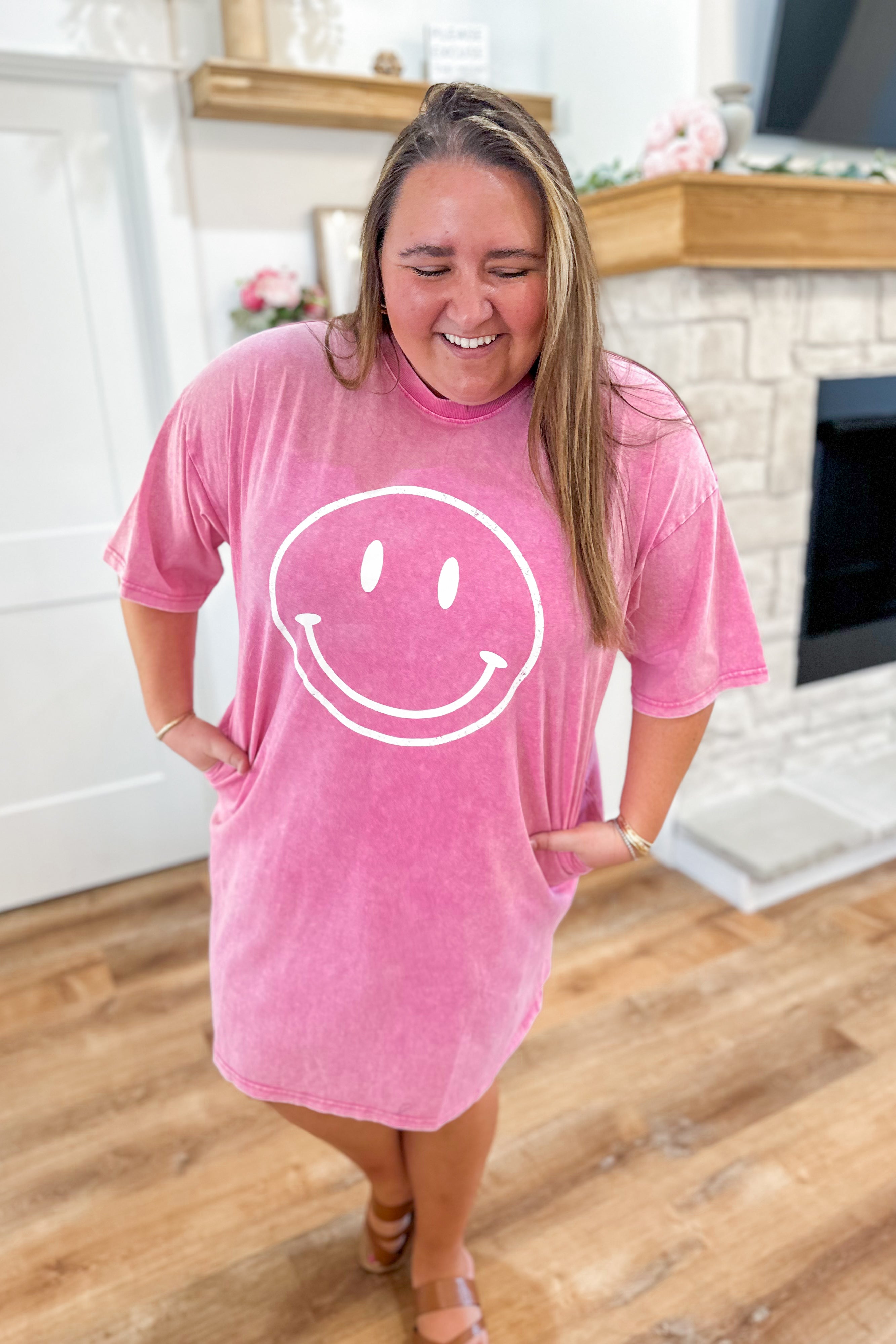 Mia Short Sleeve Happy Face Mineral Washed Cotton Dress FINAL SALE