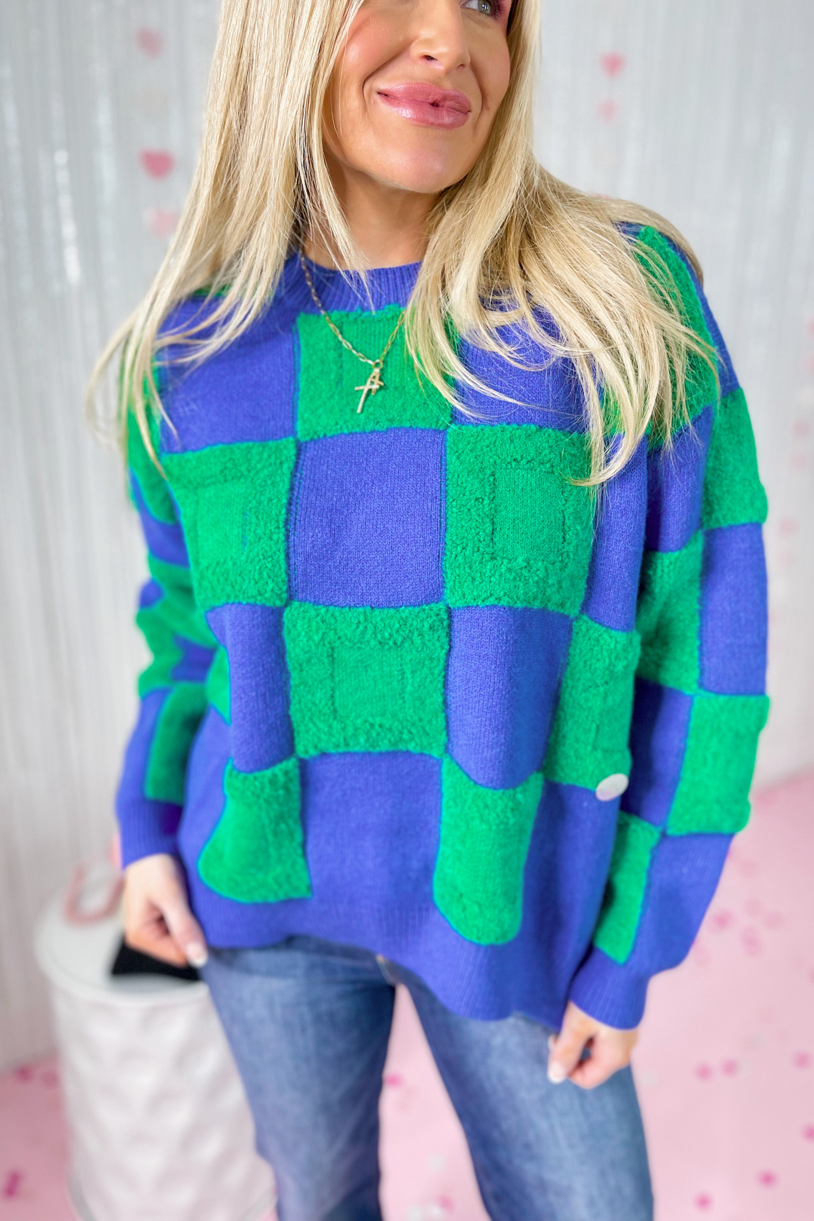 Margie Textured Checkered Pullover Ribbed Sweater - Be You Boutique