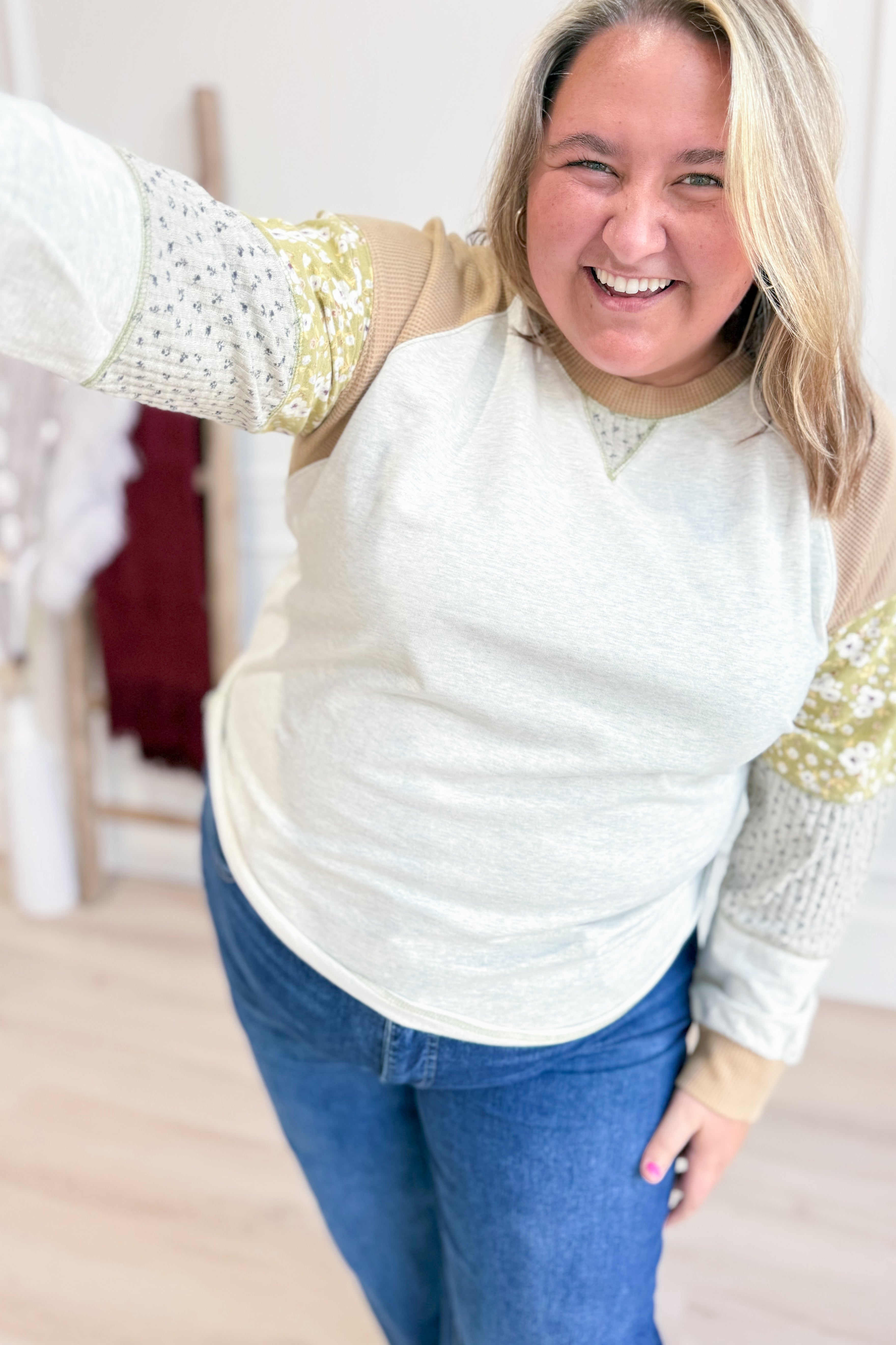 Emily Multi Patchwork Sleeve Pullover Top - Be You Boutique