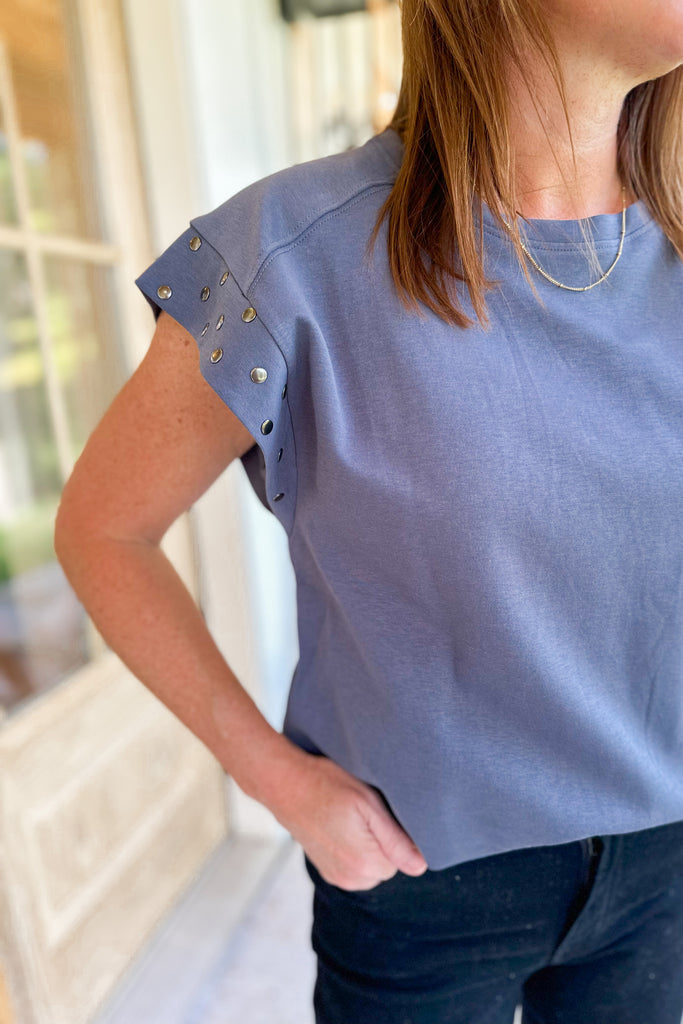 Elijah Short Sleeve Round Stud Detail Neck Top - Be You Boutique
