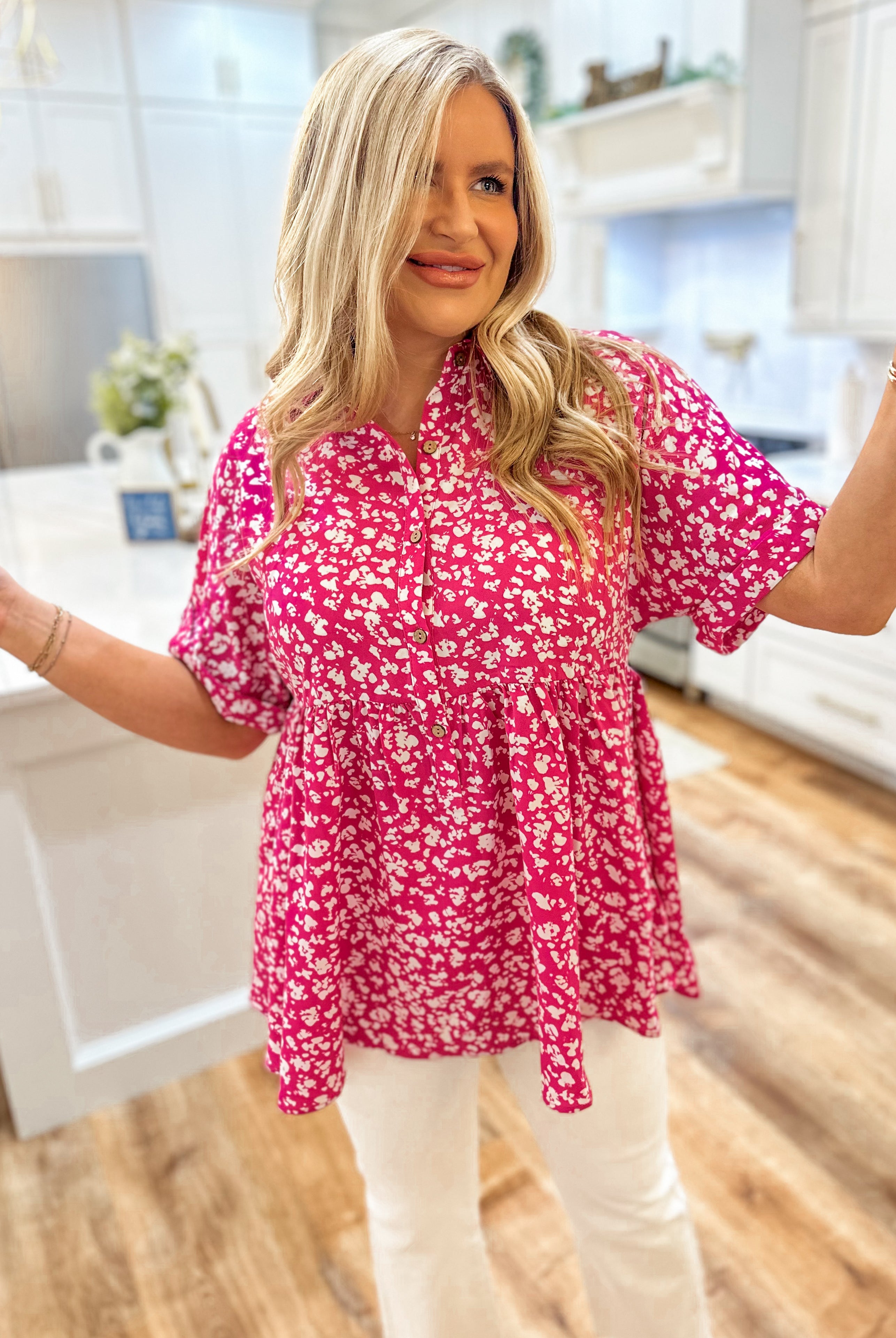 Paul Printed Button Up Collared Baby Doll Top - Be You Boutique