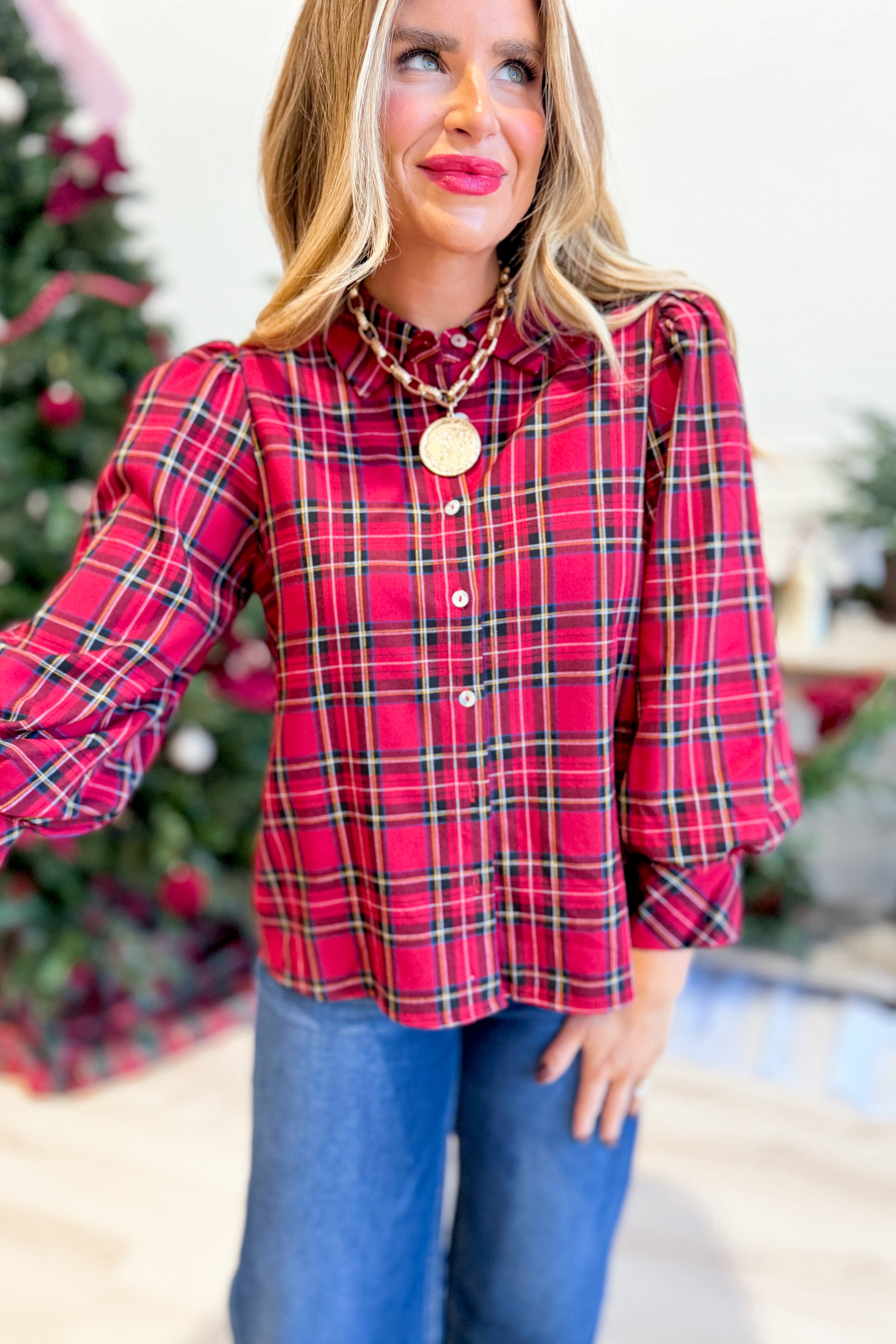 Jodifl Lucas plaid holiday top, a stylish dressy top with a festive plaid pattern, suitable for holiday occasions and gatherings.