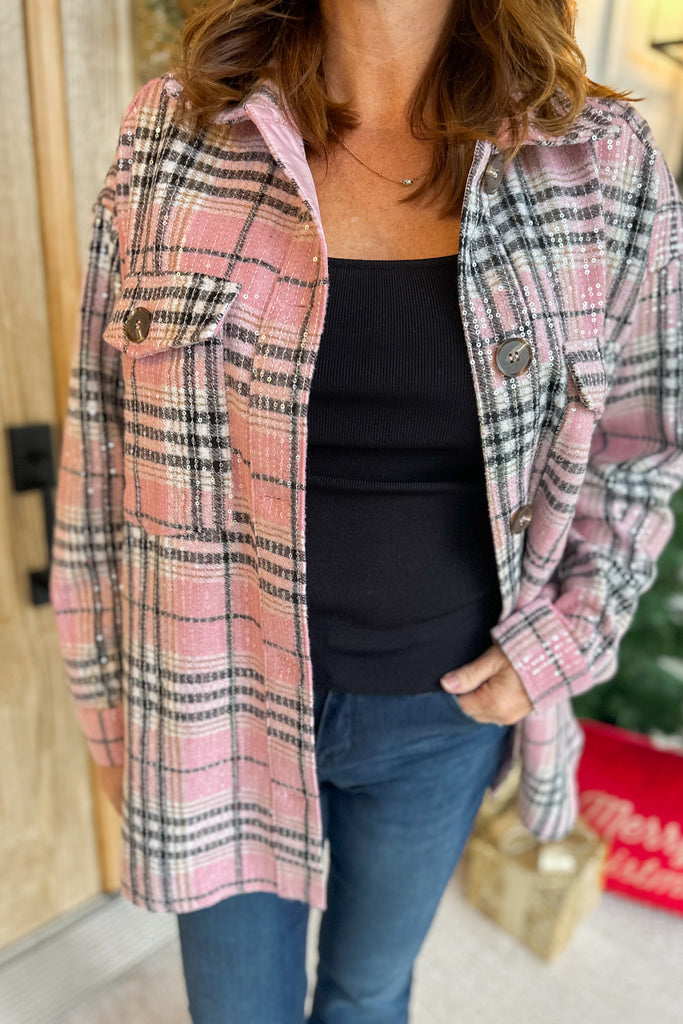 Jerry Long Sleeve Pink Plaid Sequin Shirt Jacket - Be You Boutique