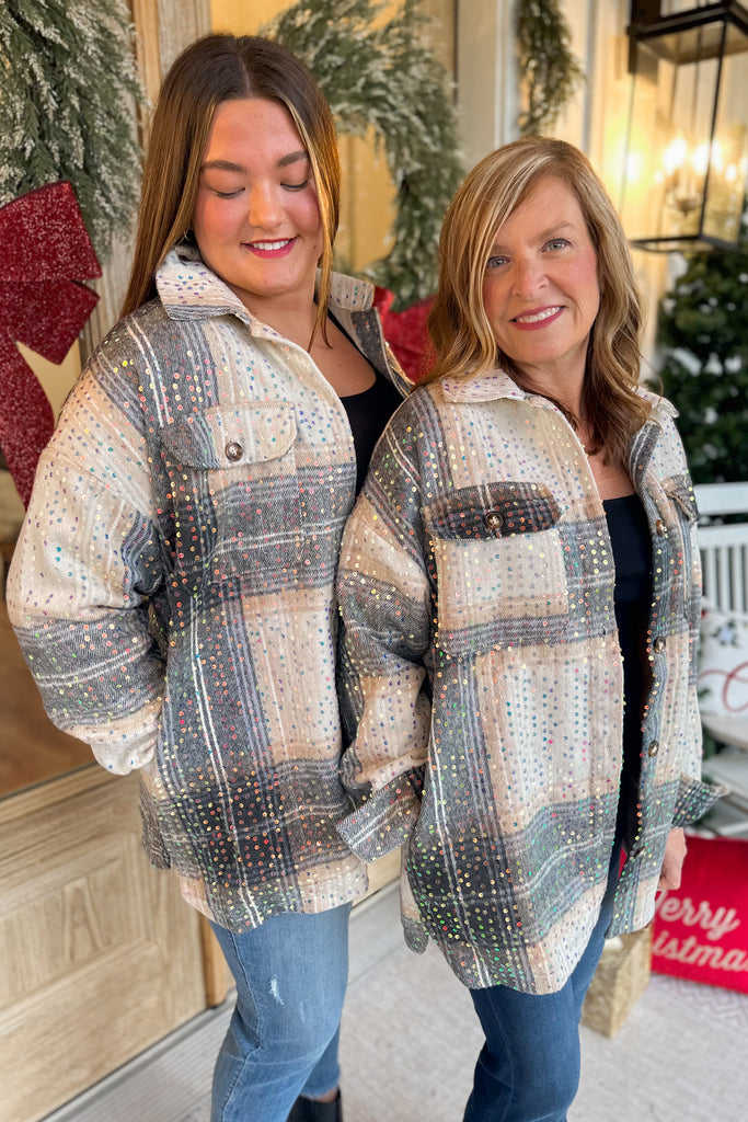 Mika Mocha Sequin Plaid Showstopper Shacket Jacket - Be You Boutique