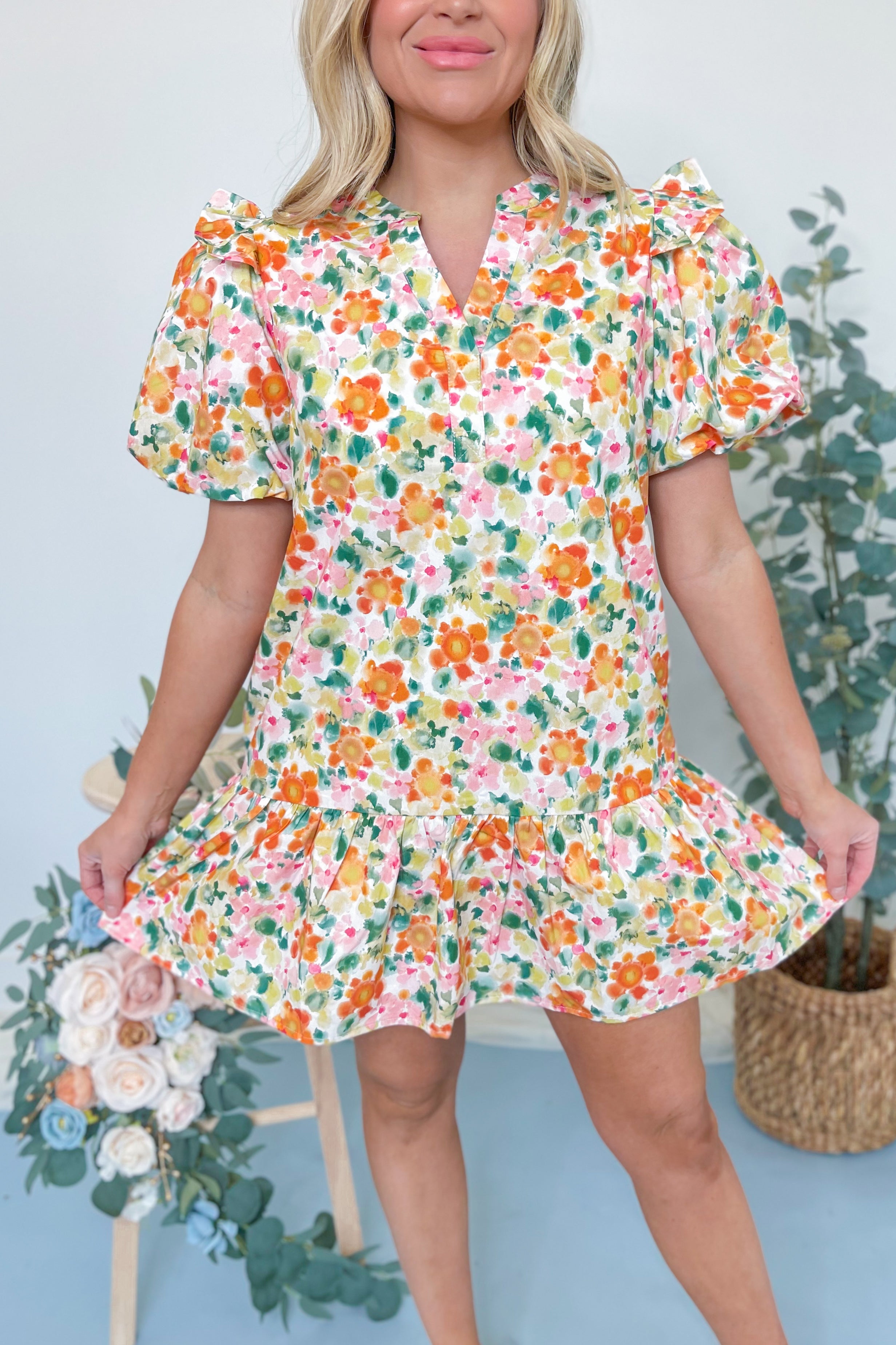 Randy Floral Abstract Print Puff Sleeve Dress - Be You Boutique