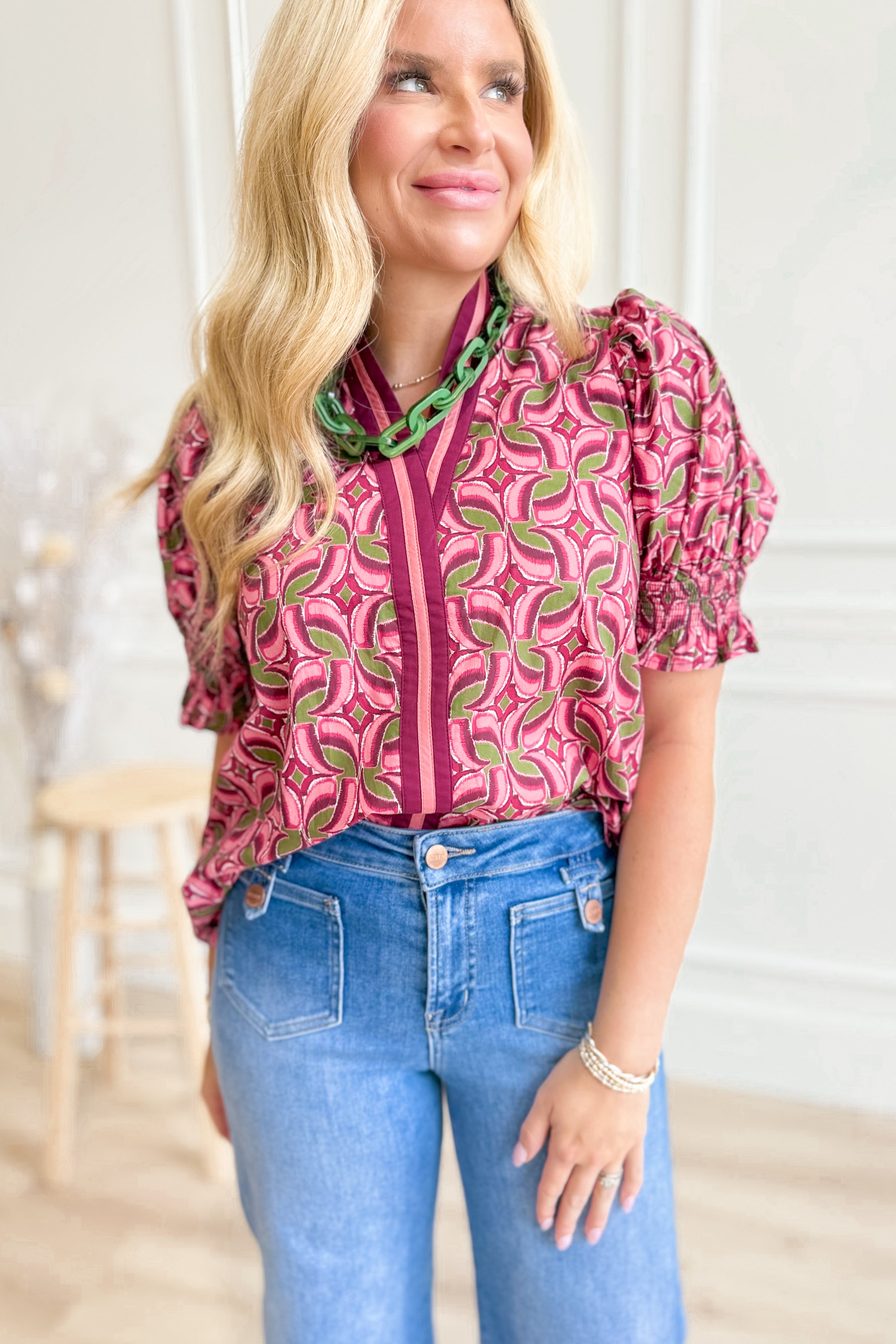 Laura Abstract Pattern Smocked Cuff Top - Be You Boutique