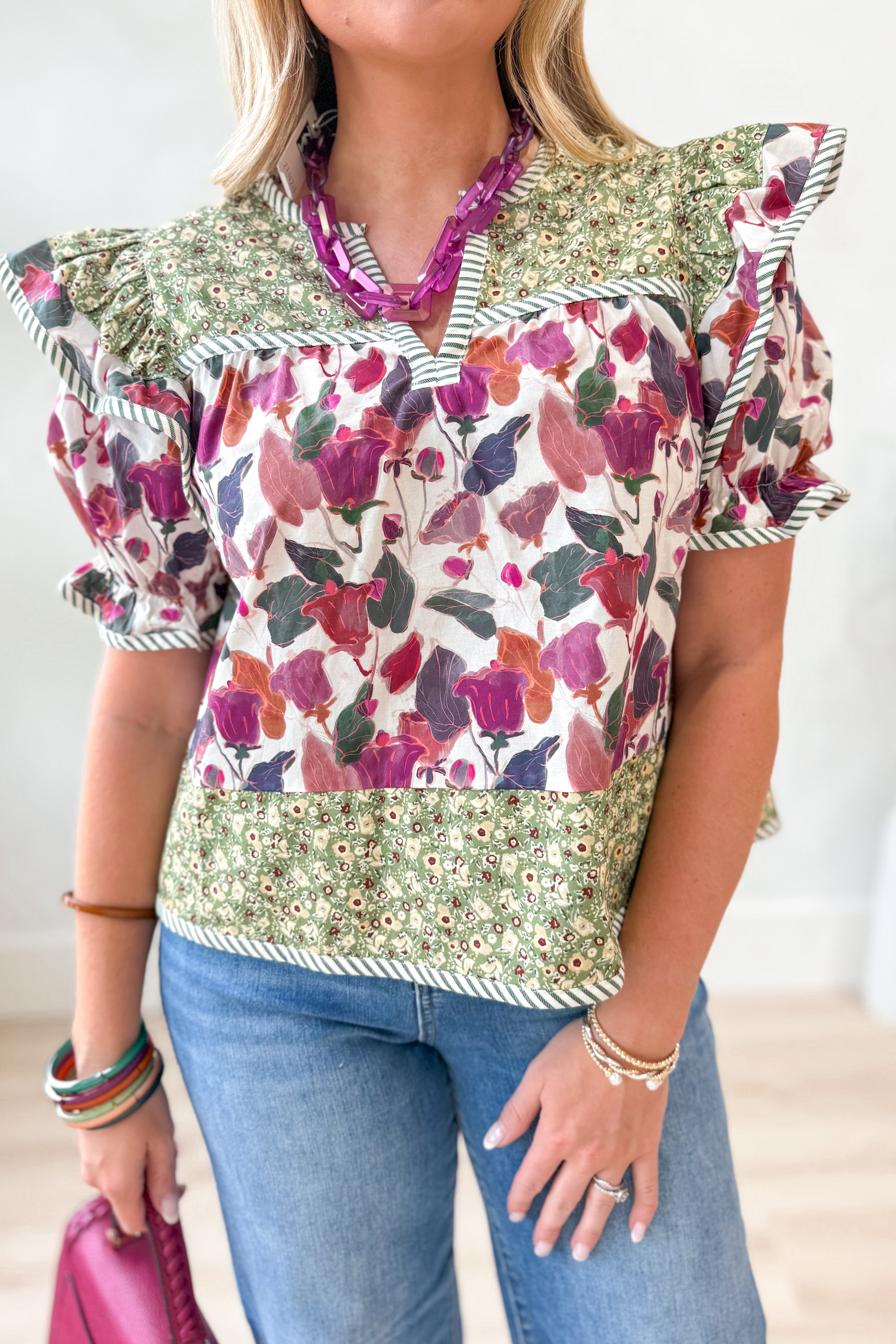 Paige Multi Print Split Neck Top - Be You Boutique