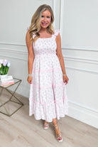 Peach Love Mia Ditsy Floral Smocked Midi Dress with ruffled hem, featuring a floral print and smocked bodice, perfect for dressy occasions.