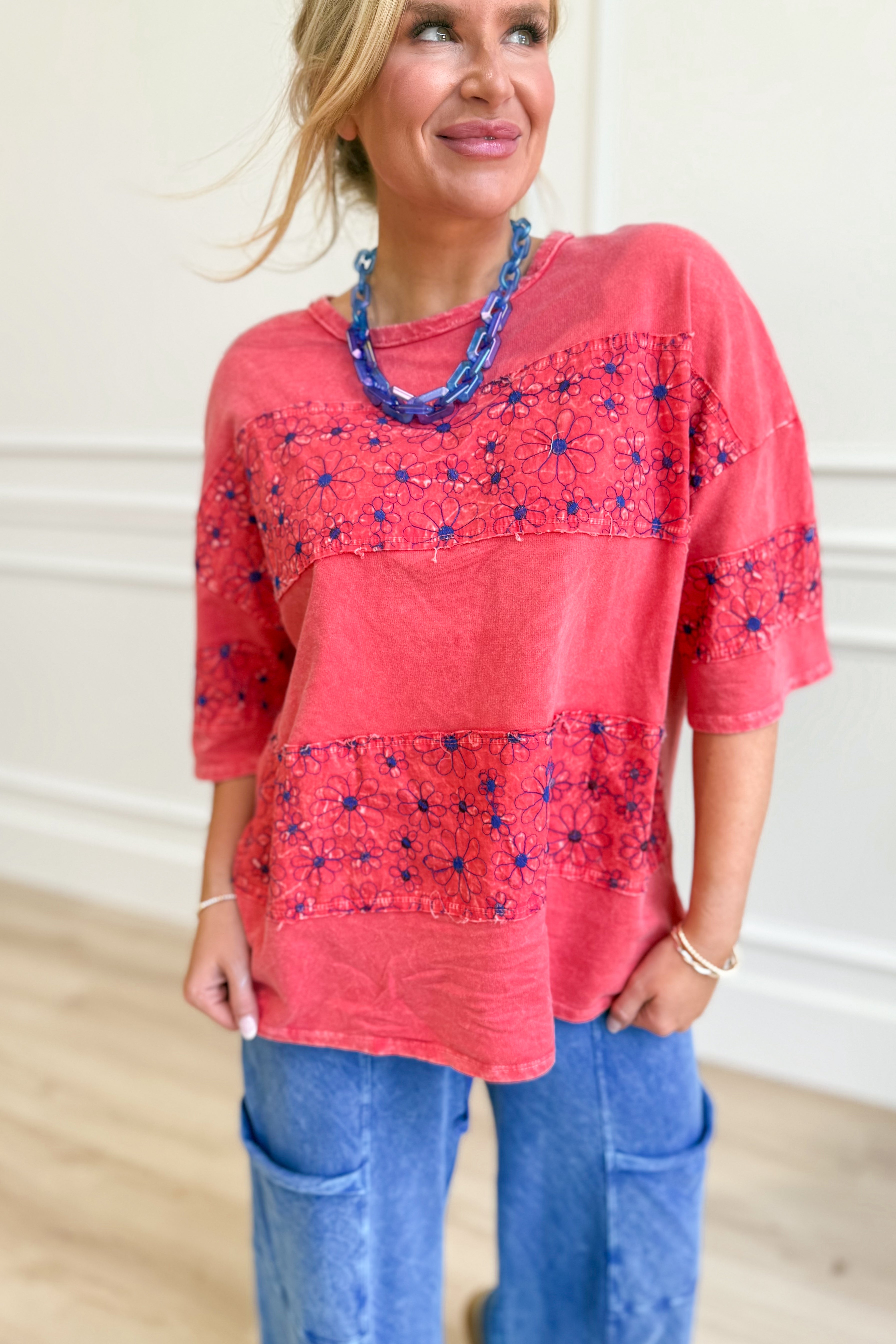 Serene Flower Patch Half Sleeve Top - Be You Boutique