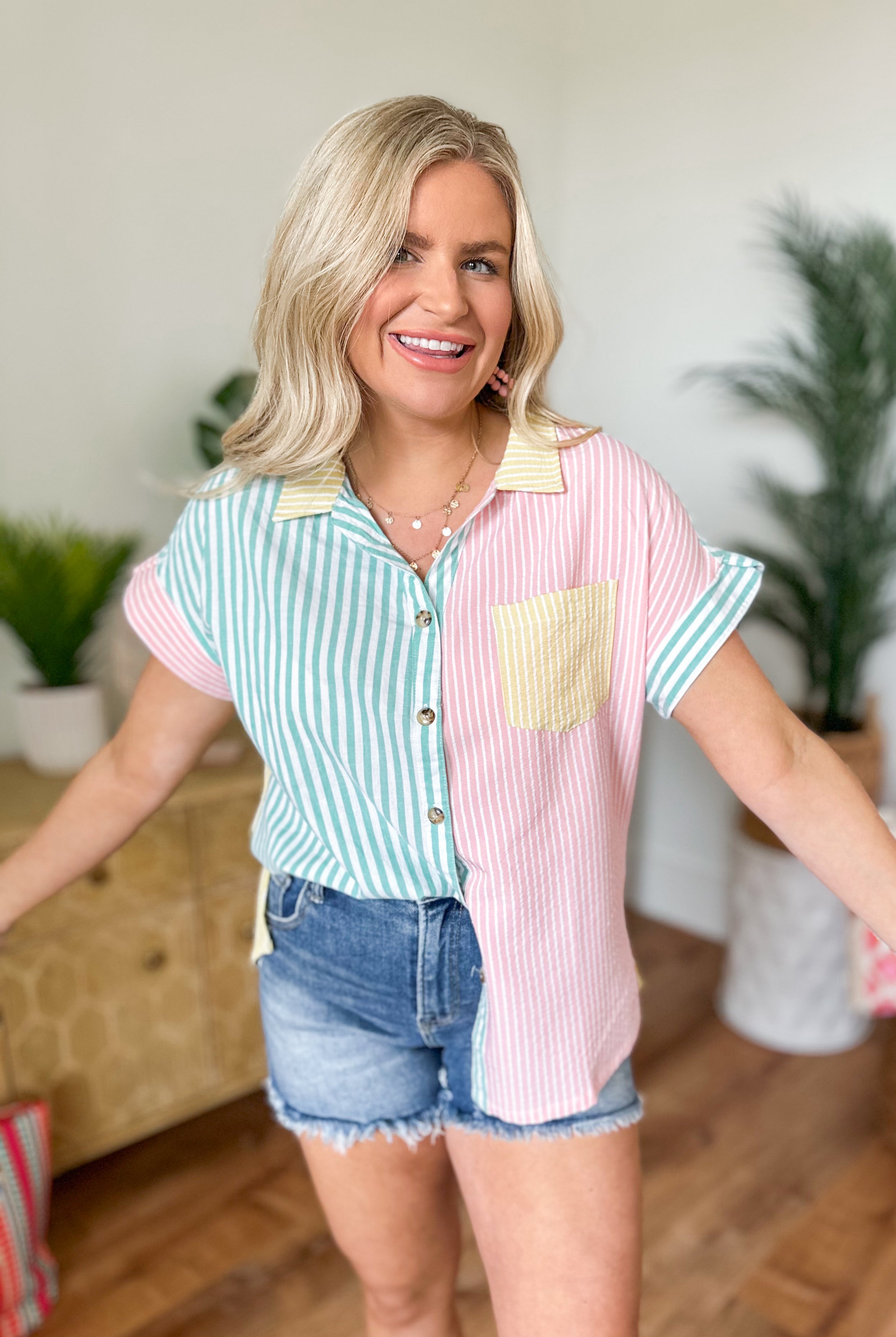 Jessica Stripe Tortoise Shell Button Down Top - Be You Boutique