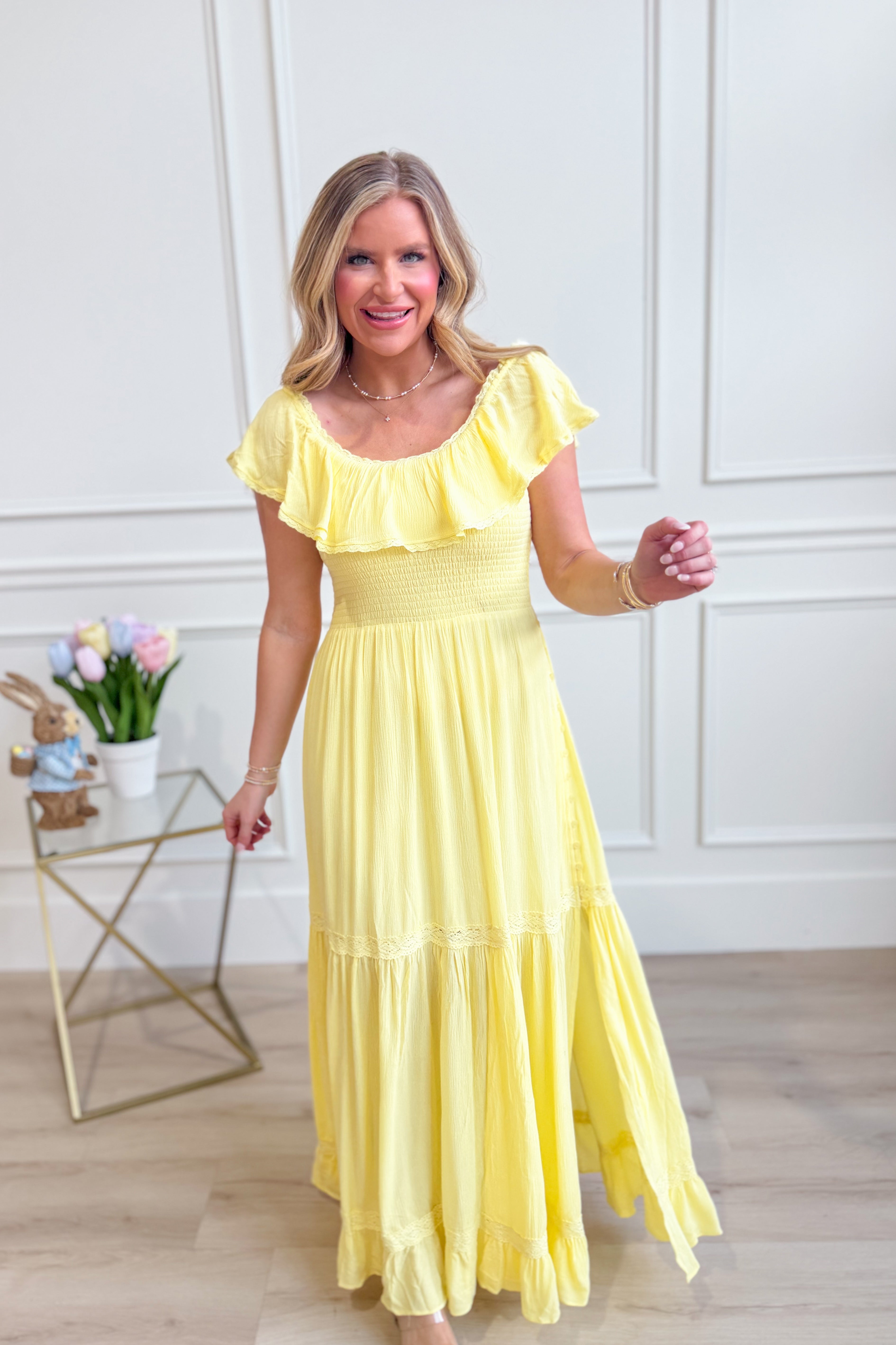 IN LOOM Randy Ruffled Flounce Collar Maxi Dress featuring a flowy silhouette, ruffled collar, and elegant design perfect for dressy occasions.