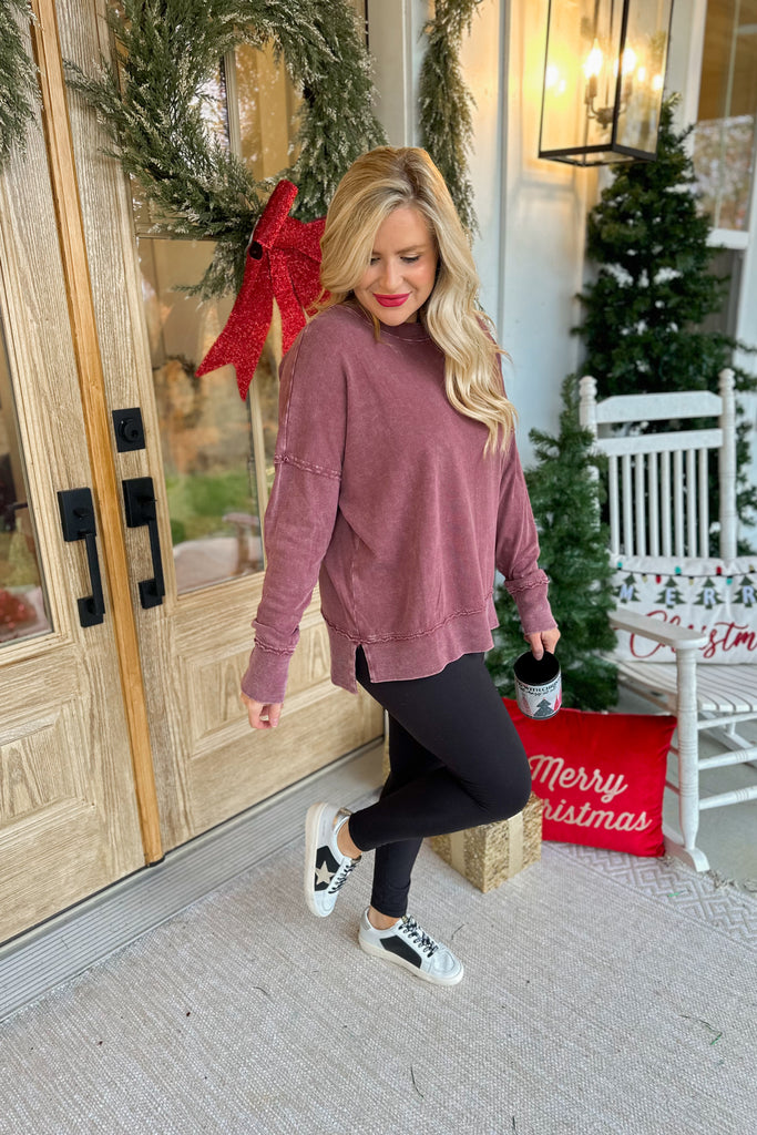 Joey Long Sleeve Mineral Wash Terry Pullover - Be You Boutique