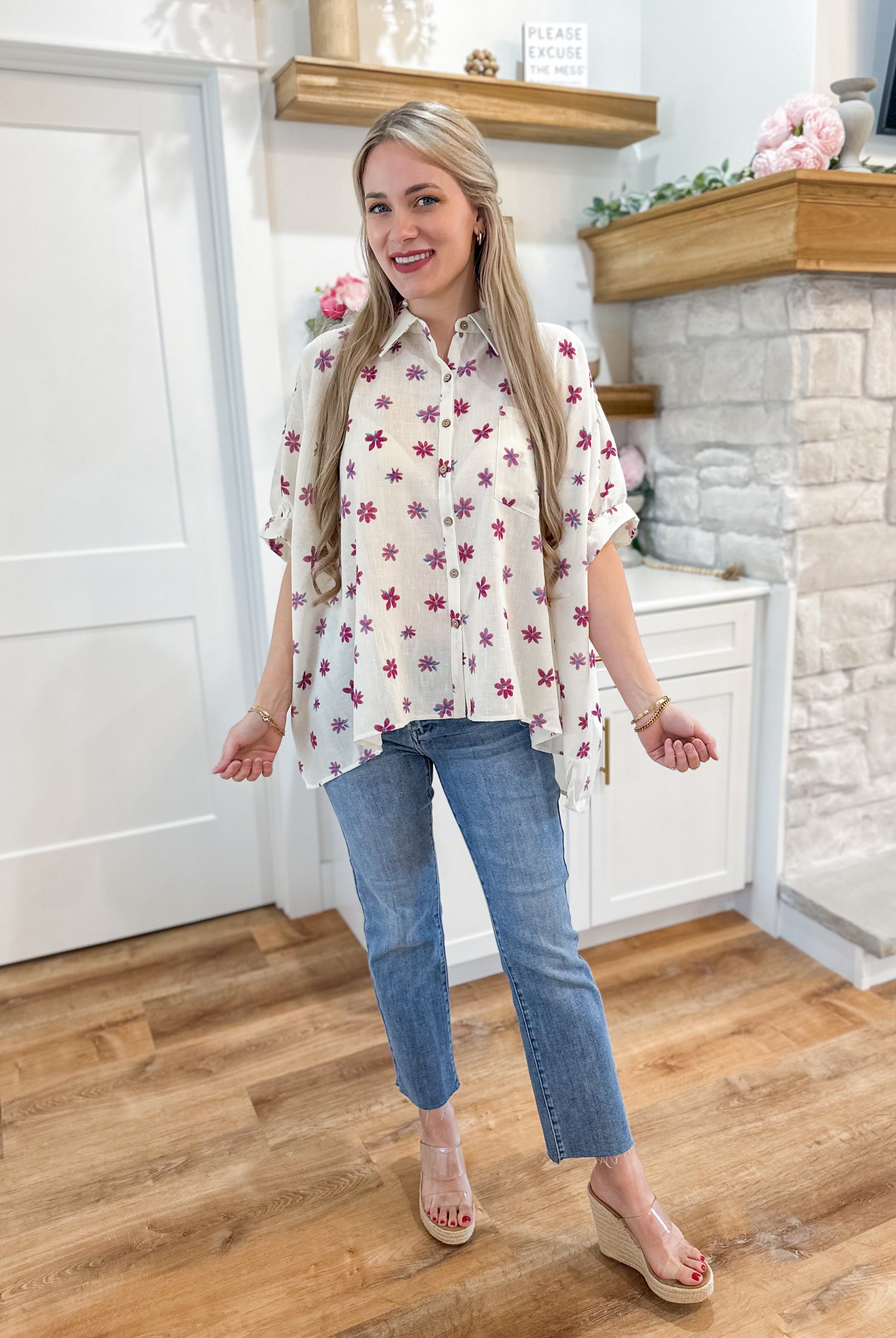 Evelyn Half Sleeve Flower Print Button Down Shirt - Be You Boutique