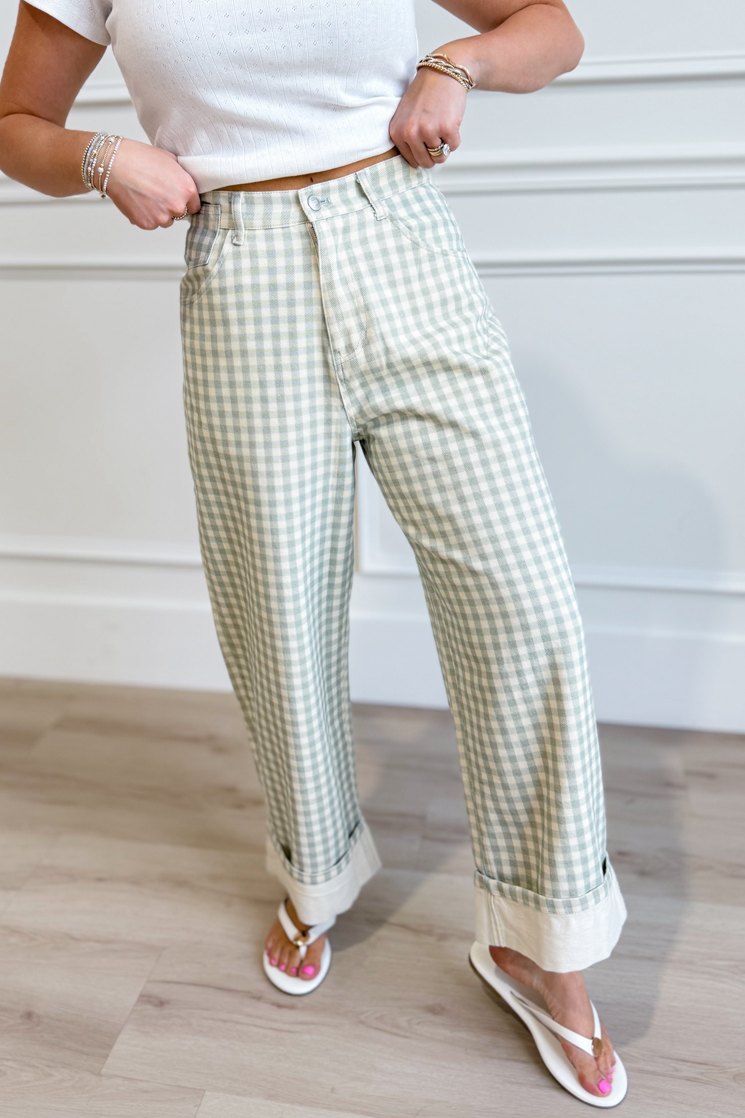 Luis Sage Gingham Rolled Hem Barrel Pants from PEACH LOVE, 147 Novelty Jeans in sage with rolled hems and gingham pattern.