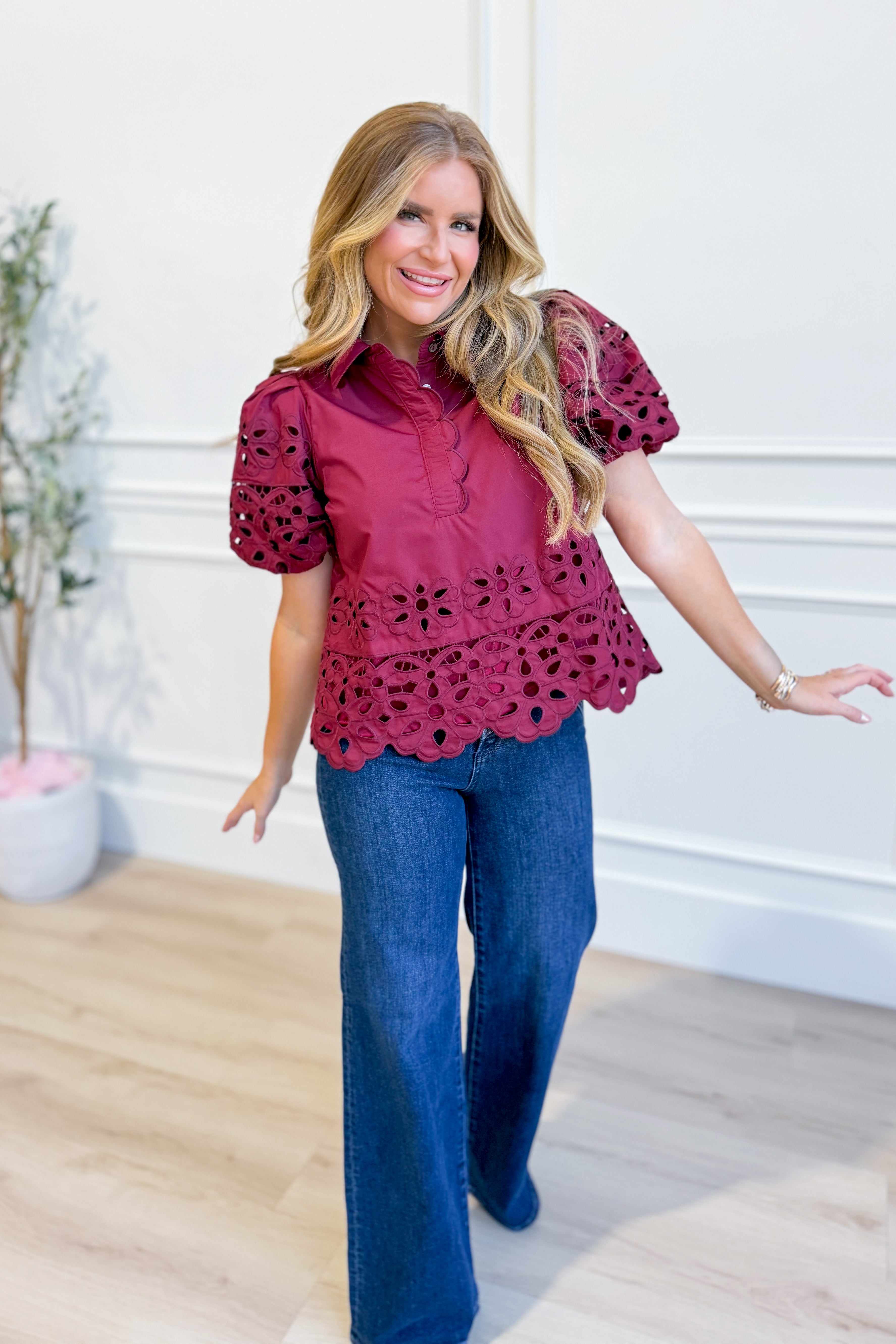 ENTRO Reagan eyelet lace detailed top, a stylish 110 dressy blouse with intricate lace accents and eyelet design.