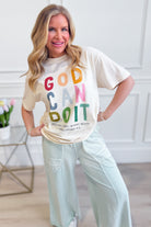 Poppy & Pine God Can Do It graphic T-shirt featuring bold text and a casual fit, displayed on a model against a white background.