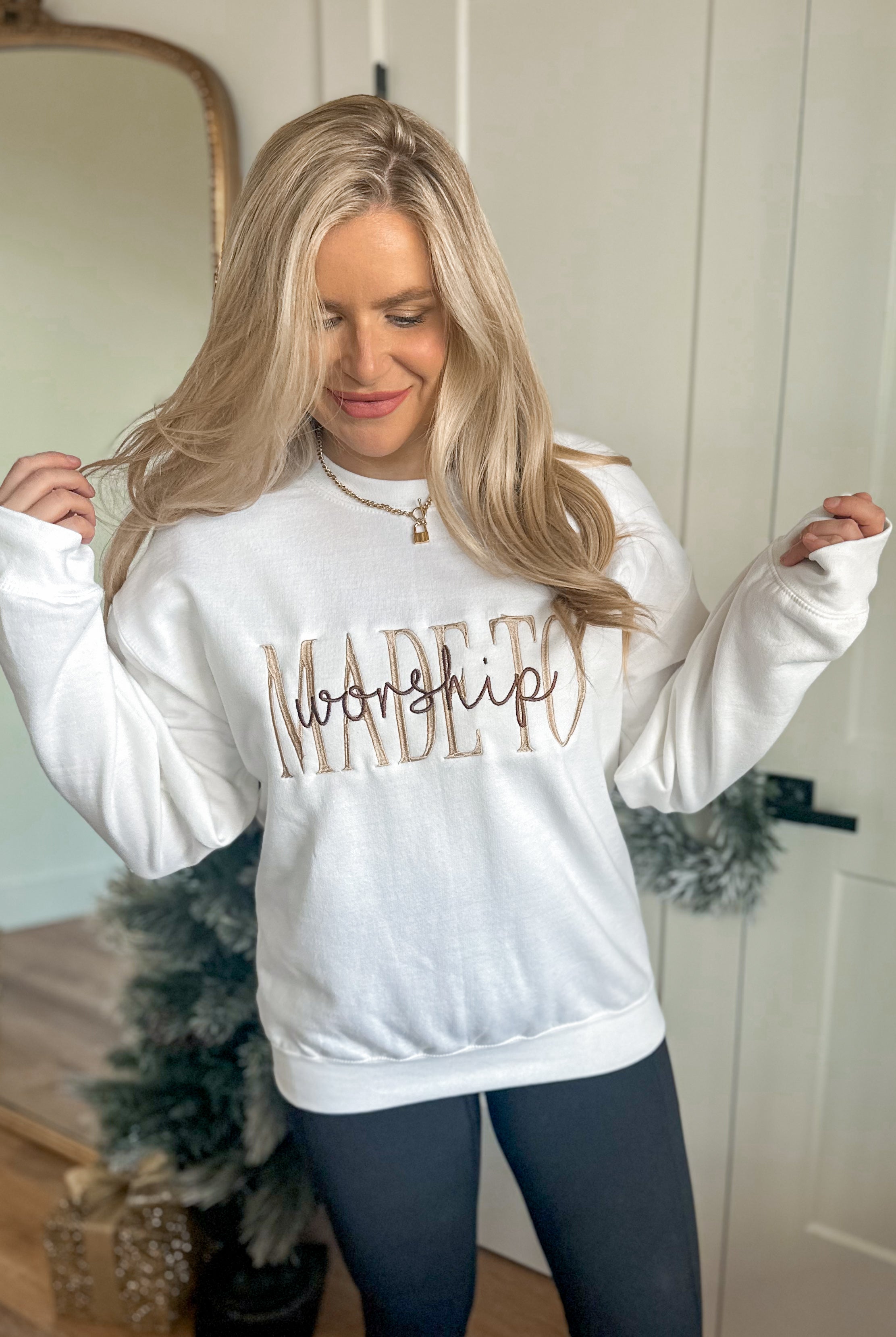 Made To Worship Embroidered Graphic Long Sleeve Sweatshirt - Be You Boutique