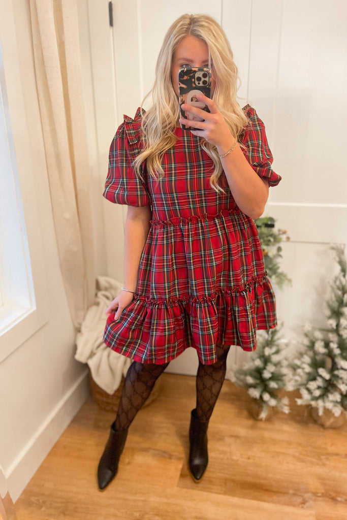 Jerry Puff Sleeve Plaid Tiered Ruffle Trim Dress - Be You Boutique