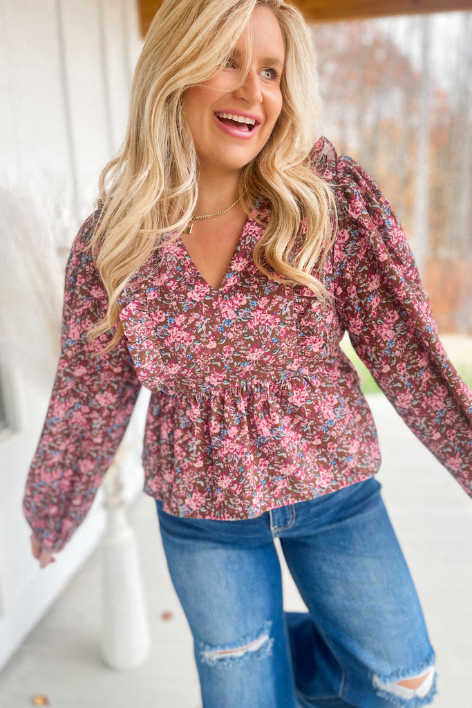 Liza Floral Print V Neck Long Sleeve Peplum Top - Be You Boutique
