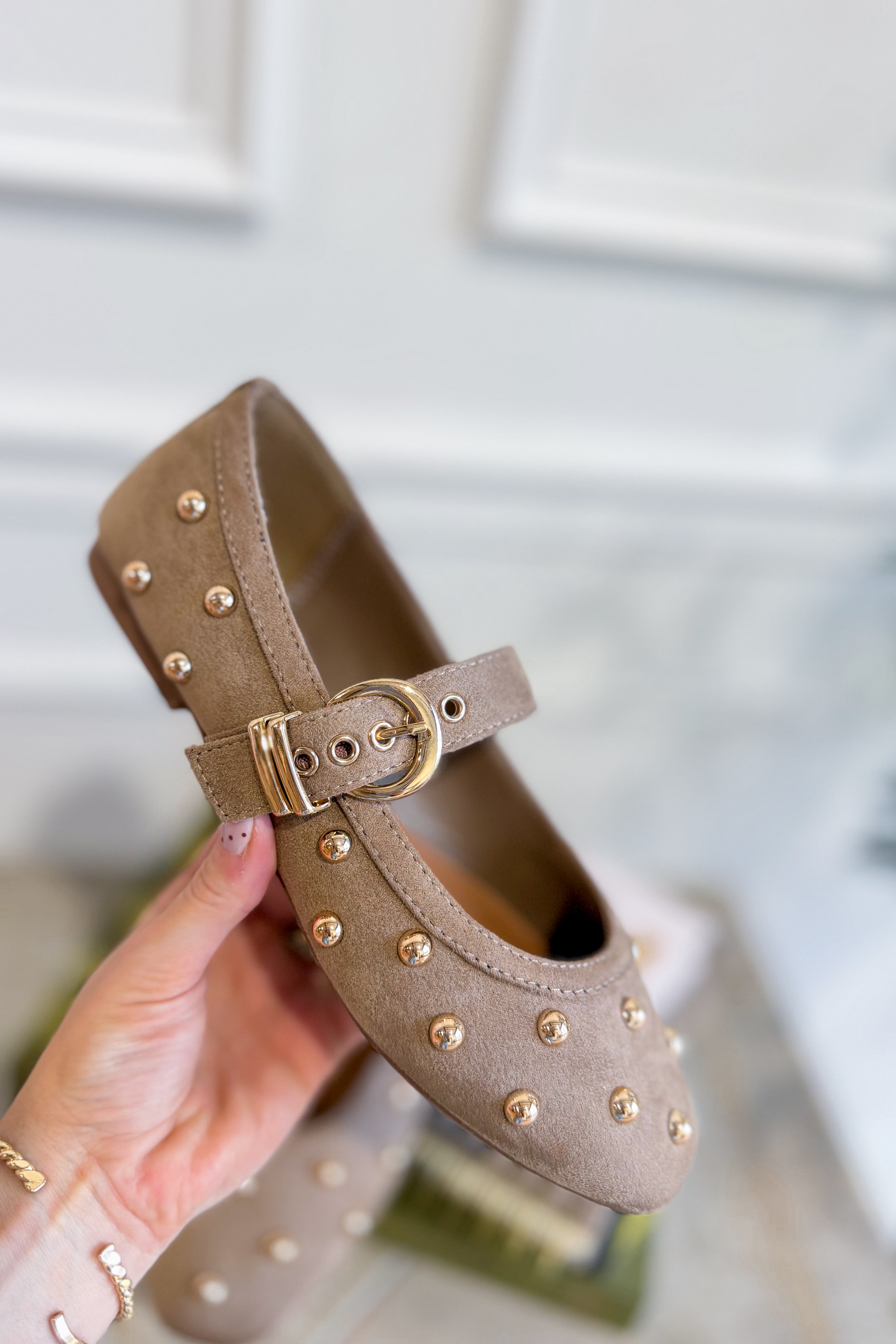 OLEM Mayhap studded flat slip-on shoes with studded details and casual design, featuring a comfortable slip-on style.