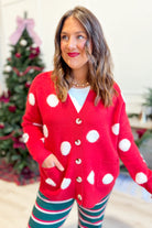 Red Saylor button-up cardigan from TWENTIFOURTH, styled as a fall sweater with a classic button-down design.