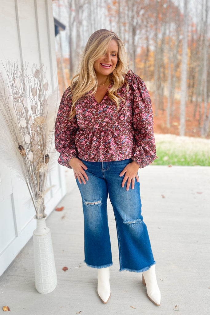 Liza Floral Print V Neck Long Sleeve Peplum Top - Be You Boutique