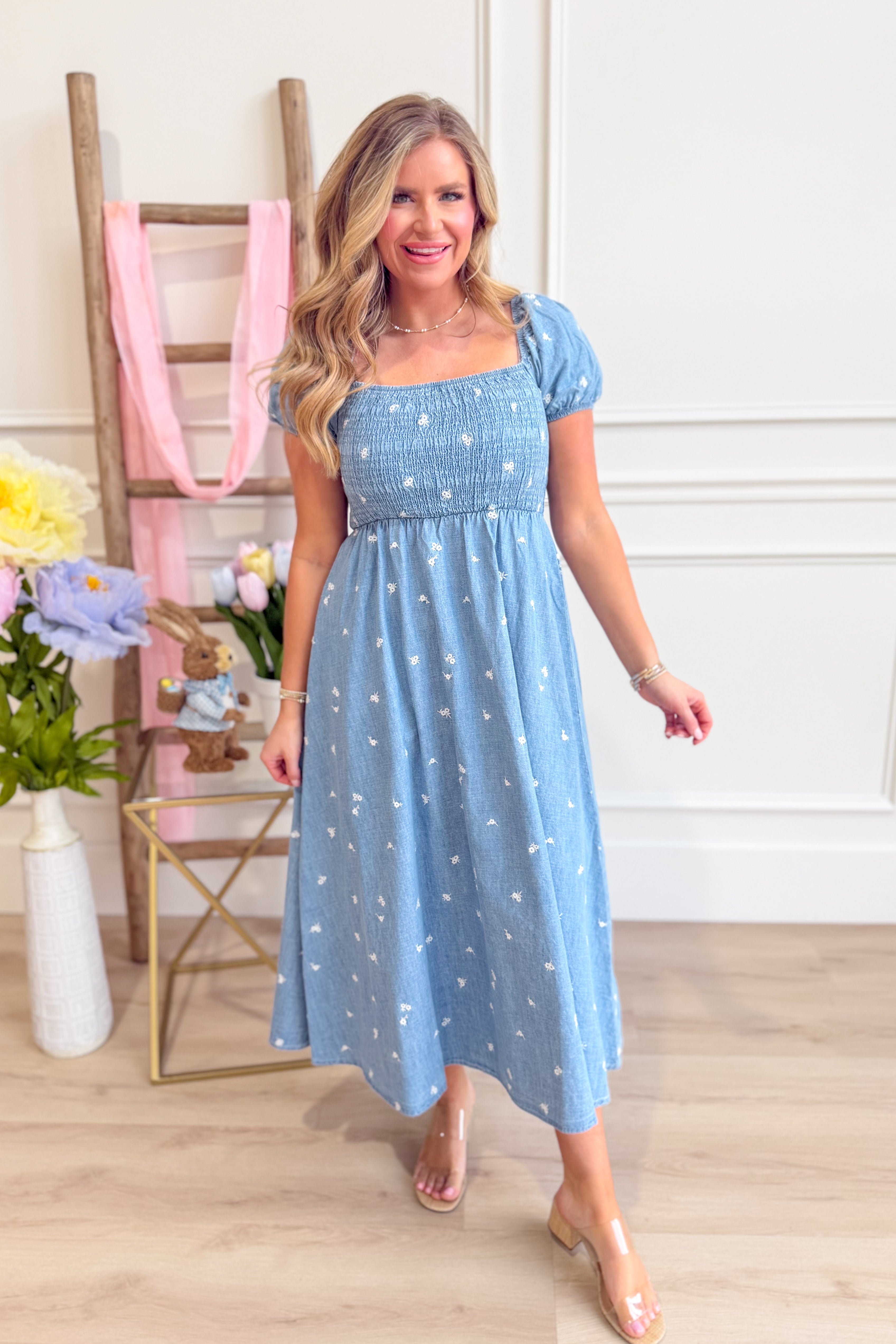 Kendra Chambray Embroidered Smocked Midi Dress - Be You Boutique
