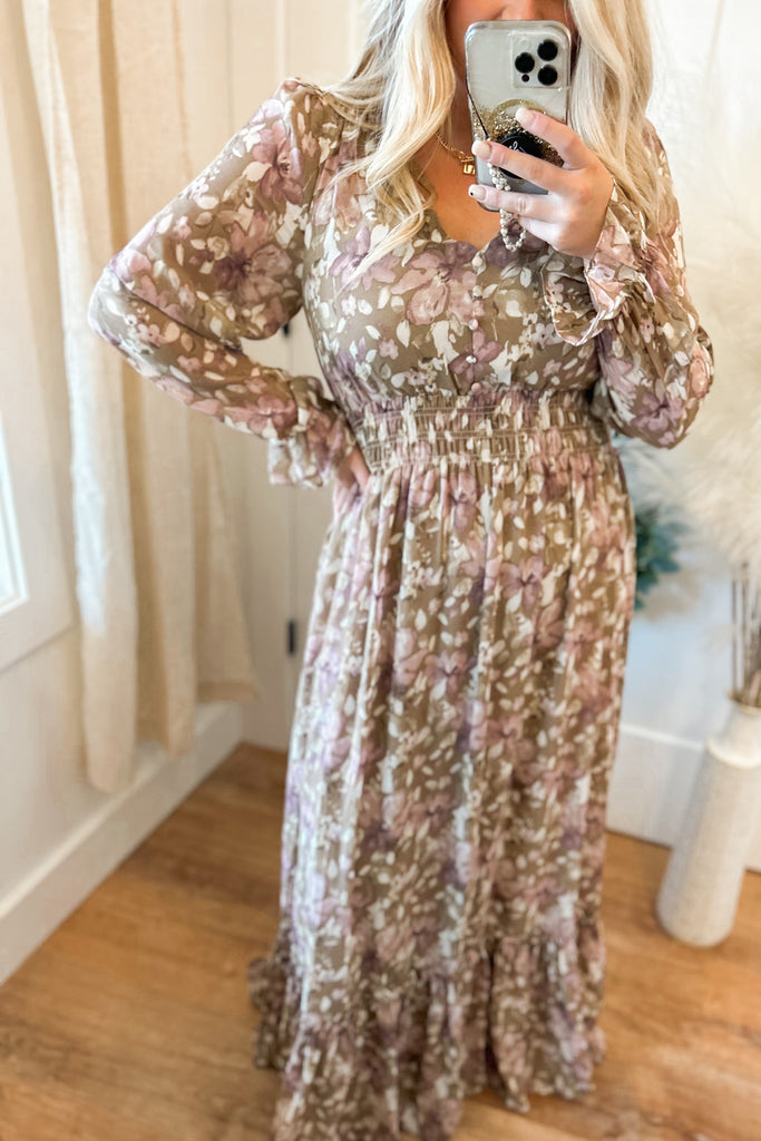 Ian Floral Print V Neck Smocked Waist Maxi Dress - Be You Boutique
