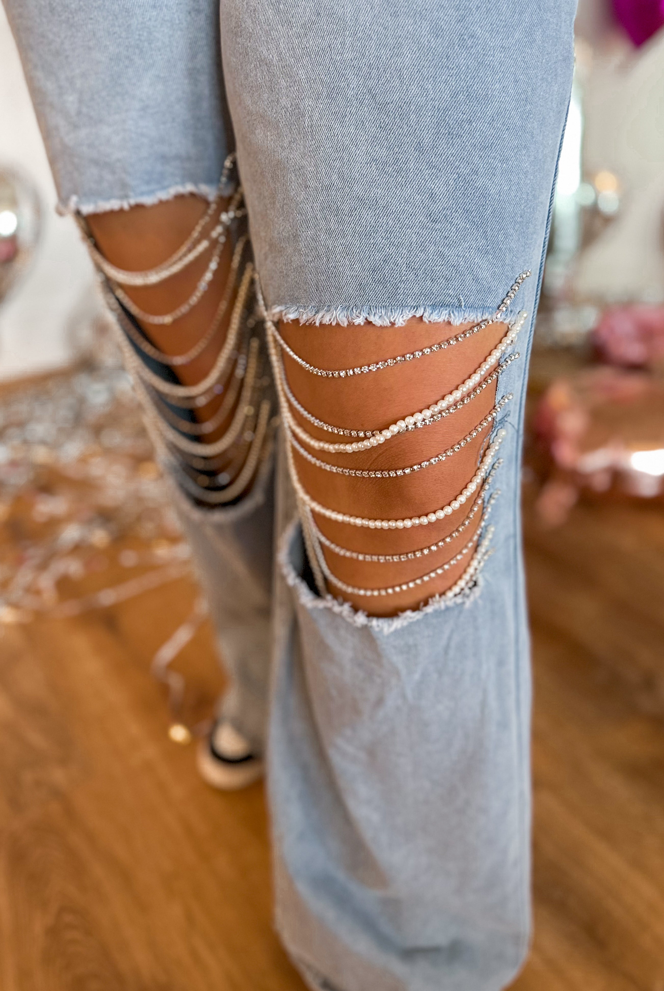 Denita Distressed Pearl Rhinestone Loose Denim Jeans - Be You Boutique