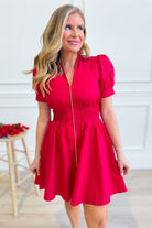 ENTRO Logan smocked waist zip-up dress, stylish dressy dress with a fitted waist and front zipper, perfect for elegant occasions.