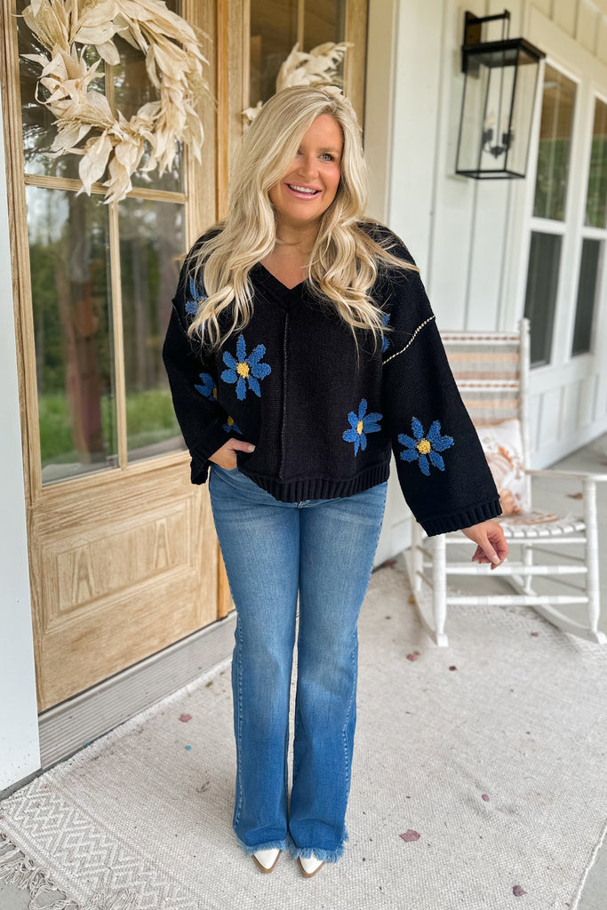 Emmett V Neck Floral Chenille Pullover Sweater - Be You Boutique